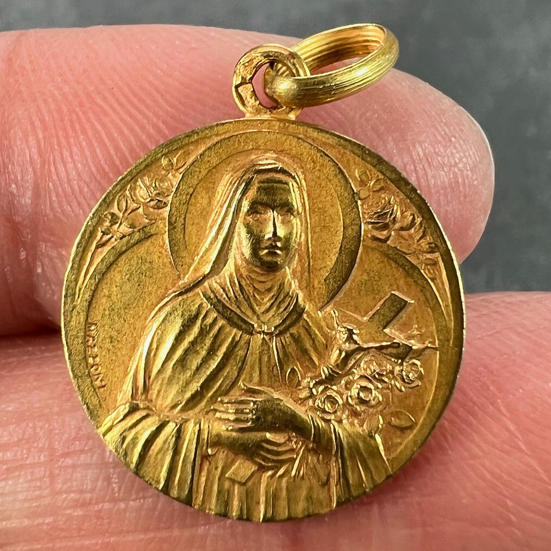 French Mazzoni 18K Yellow Gold St Therese Medal Charm Pendant For Sale 1