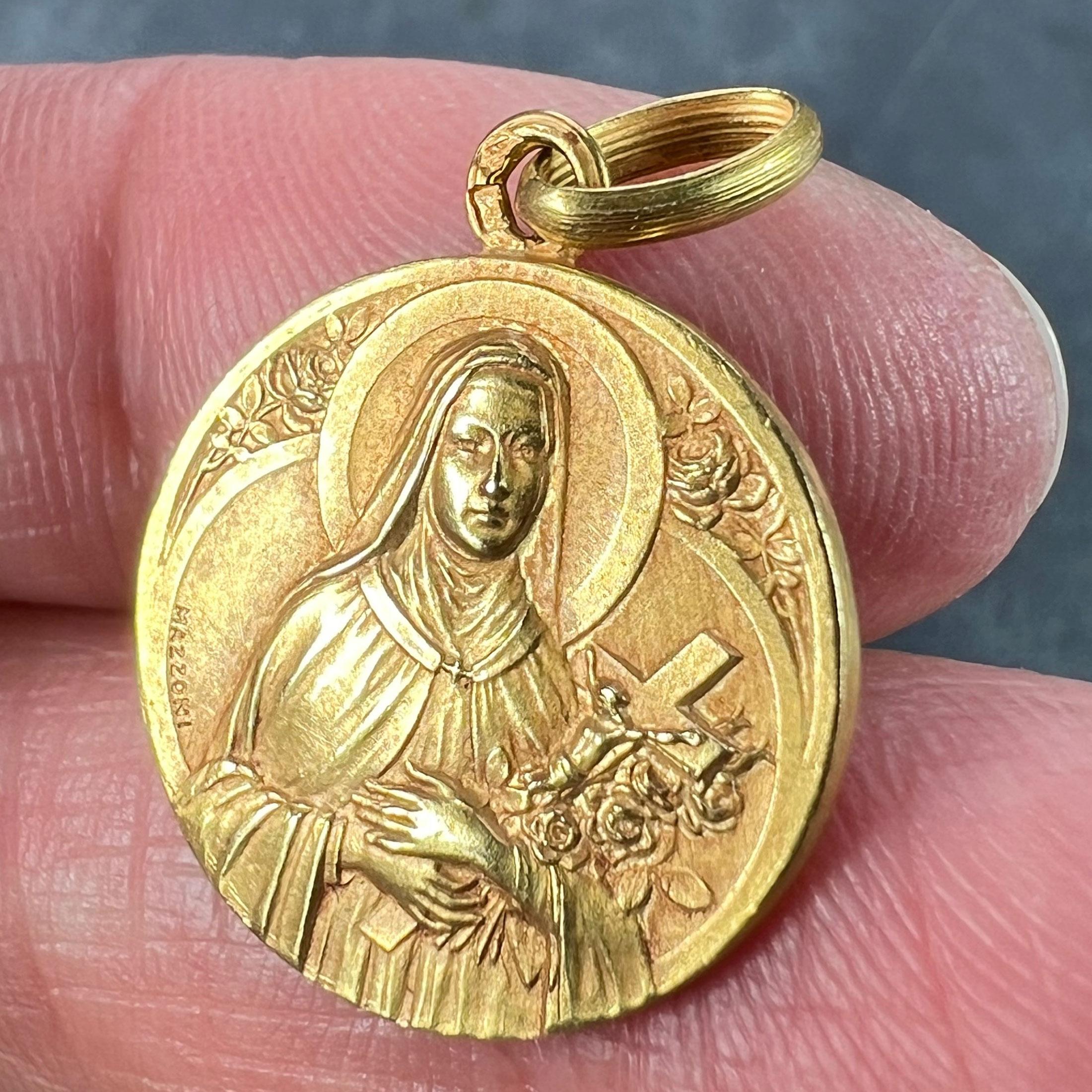French Mazzoni 18K Yellow Gold St Therese Medal Charm Pendant For Sale 2