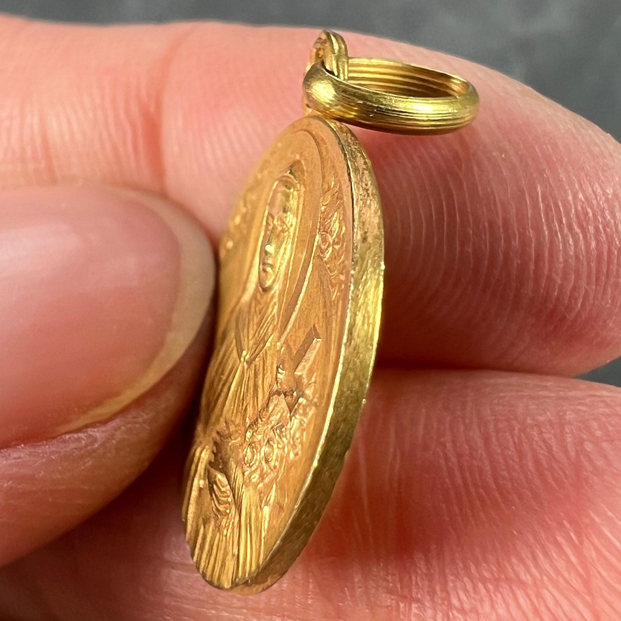 French Mazzoni 18K Yellow Gold St Therese Medal Charm Pendant For Sale 3