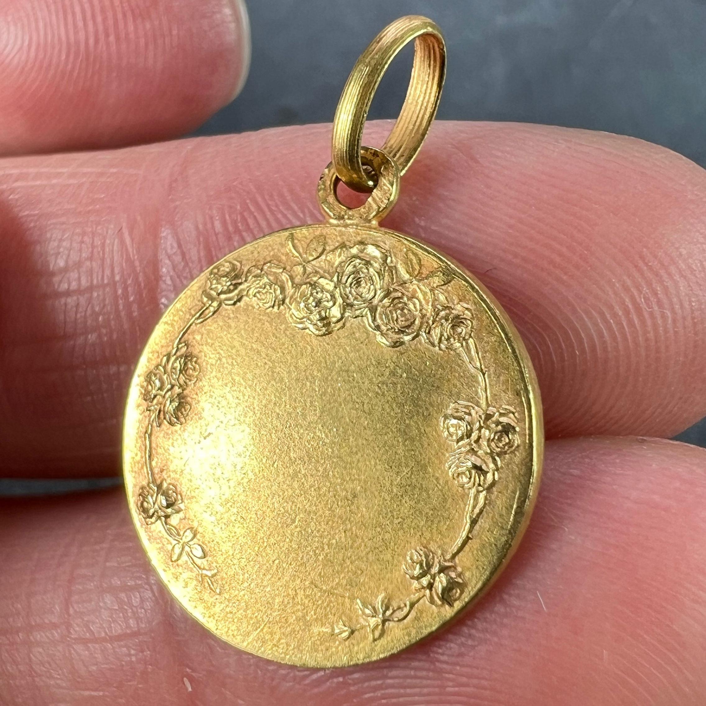 French Mazzoni 18K Yellow Gold St Therese Medal Charm Pendant For Sale 4