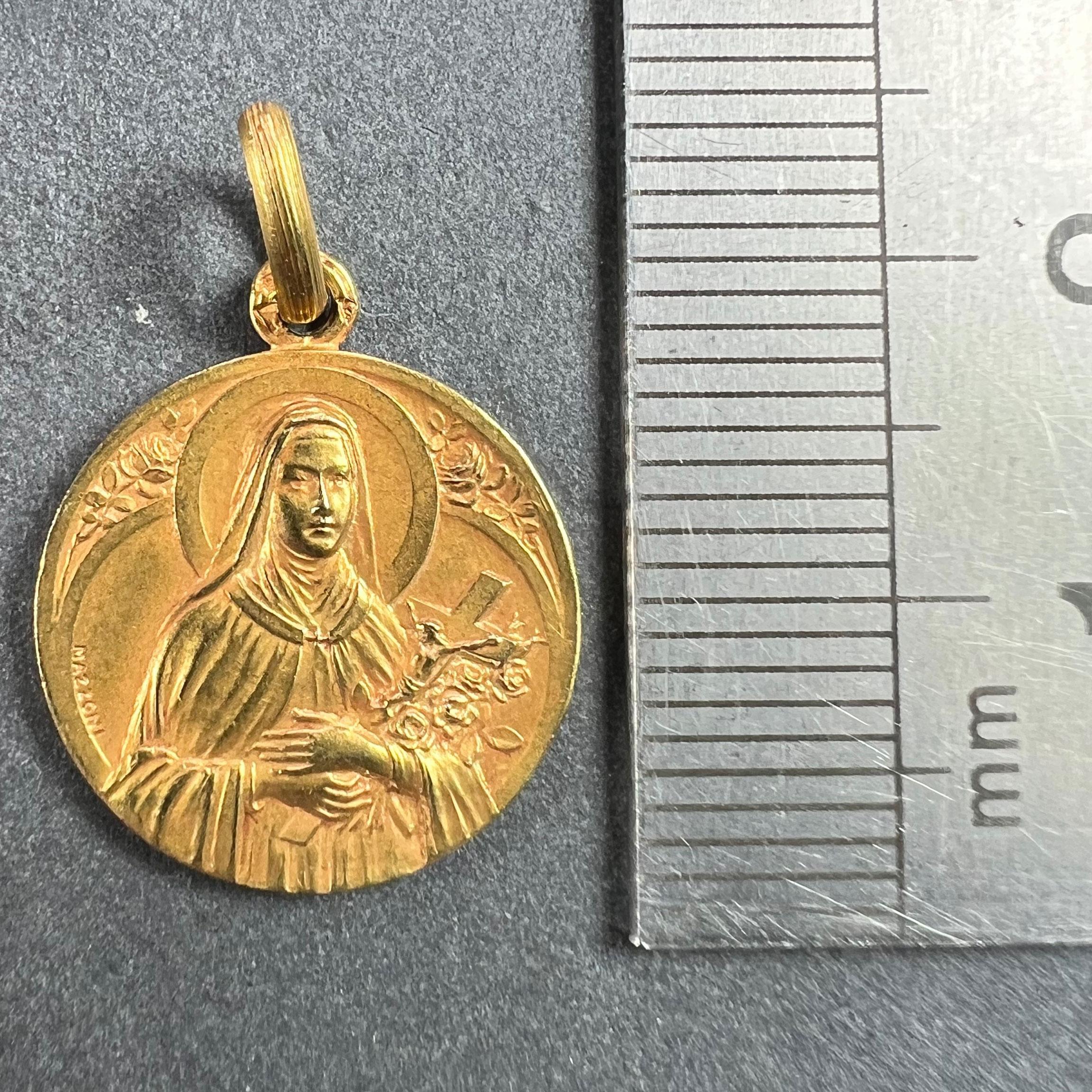 French Mazzoni 18K Yellow Gold St Therese Medal Charm Pendant For Sale 5