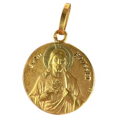 French Mazzoni Sacred Heart Madonna and Child 18K Yellow Gold Medal Pendant
