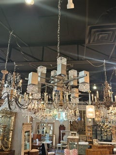 French MCM Nickle and Glass 8 Light Suspension Chandelier