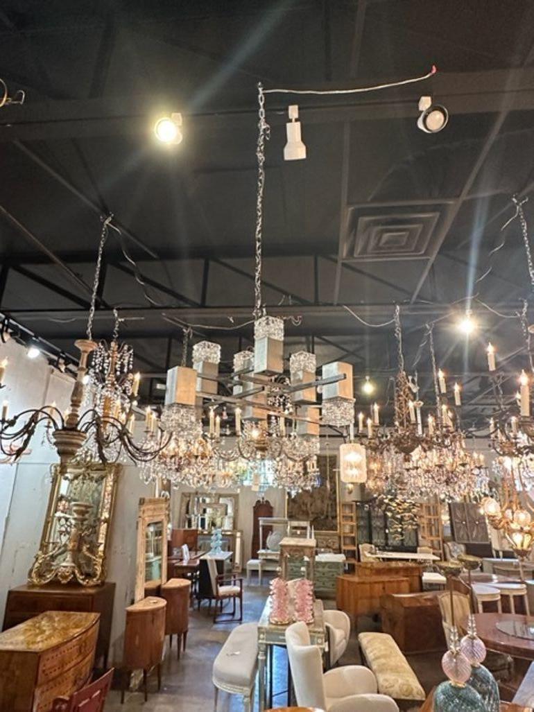 French MCM Nickle and Glass 8 Light Suspension Chandelier In Good Condition For Sale In Dallas, TX