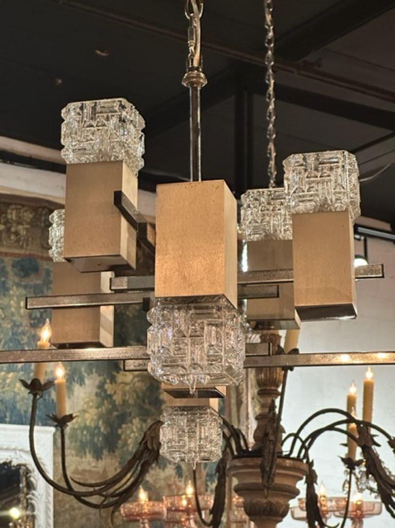 20th Century French MCM Nickle and Glass 8 Light Suspension Chandelier For Sale