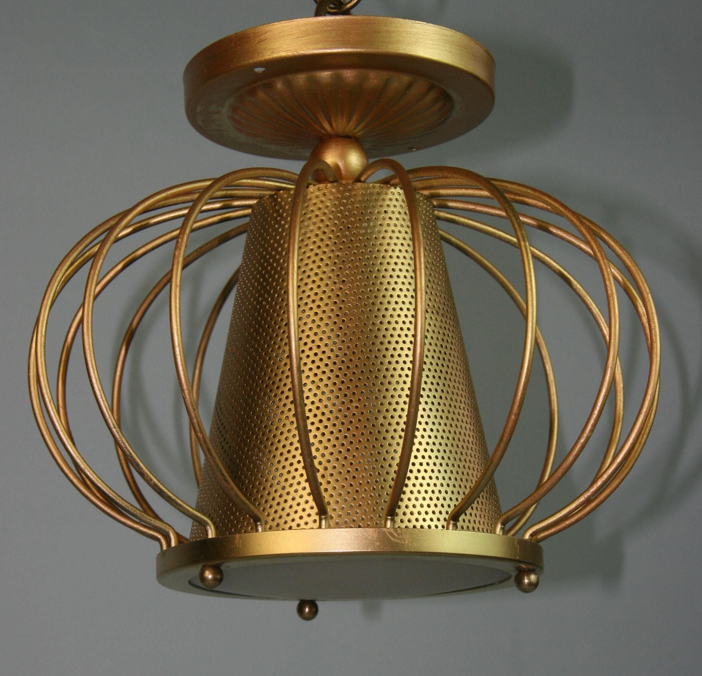 American French MCM Pierced Brass Nd Glass  Modern Ceiling Flush Mount(2 available) For Sale