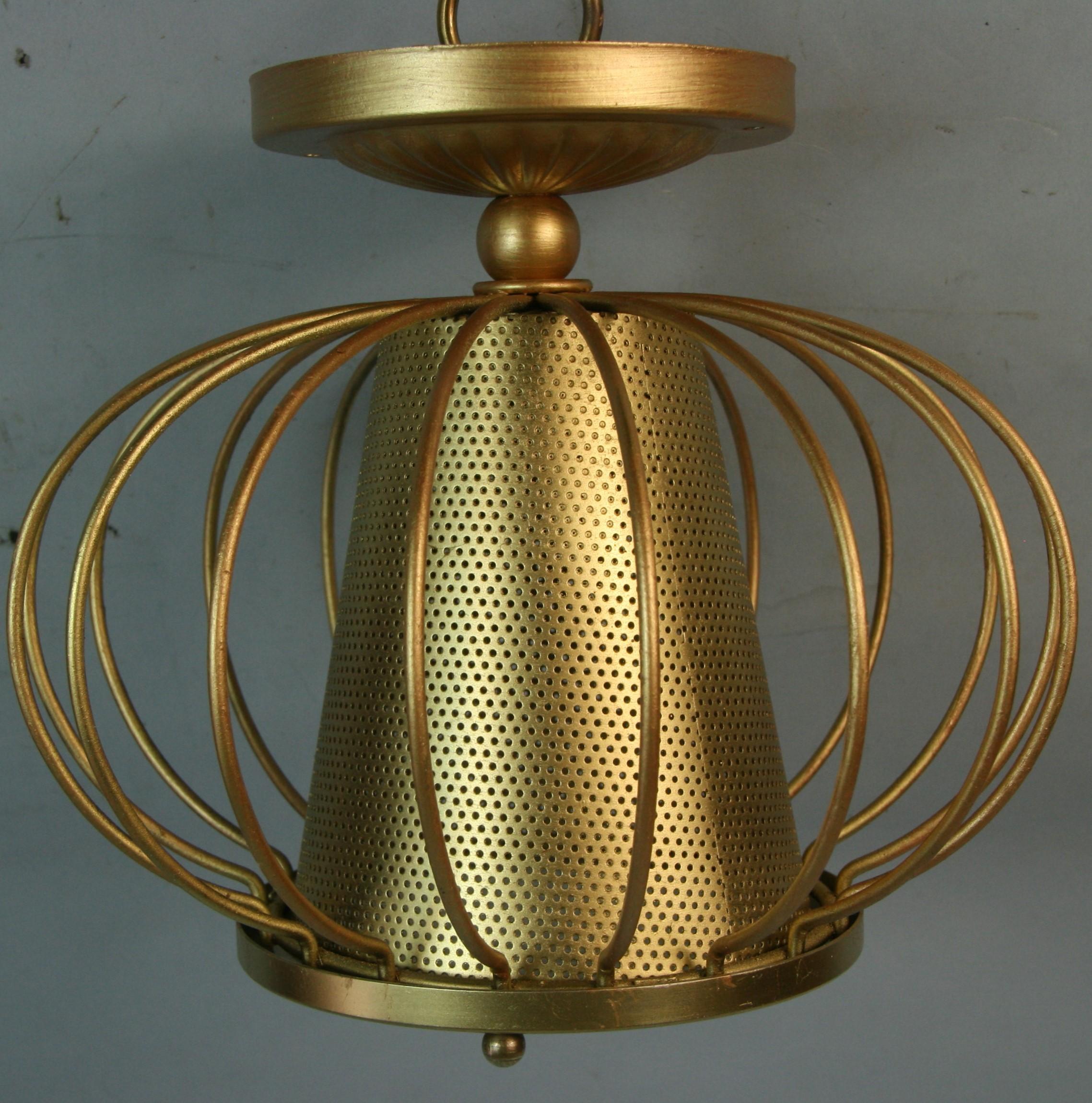 Mid-20th Century French MCM Pierced Brass Nd Glass  Modern Ceiling Flush Mount(2 available) For Sale
