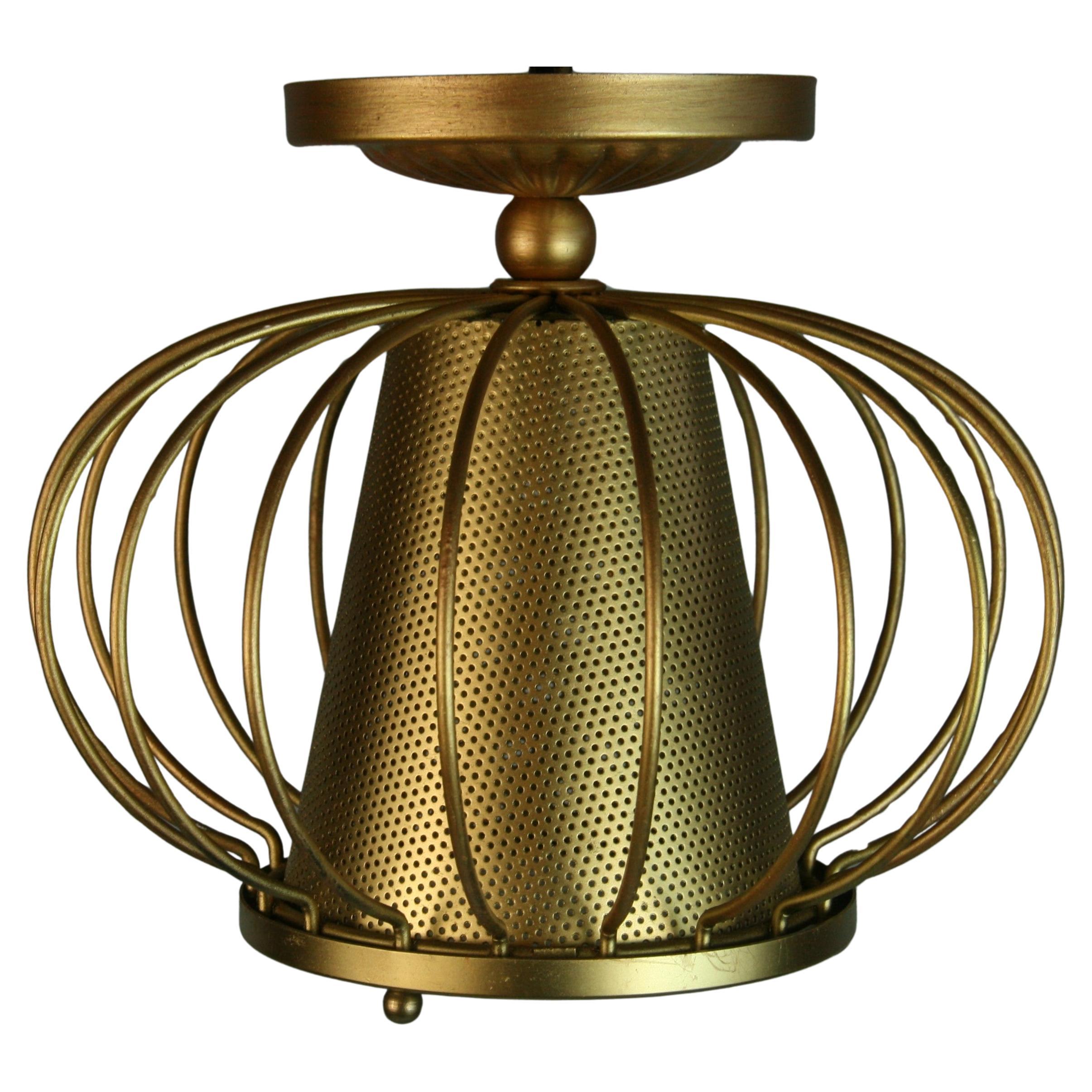 French MCM Pierced Brass Nd Glass  Modern Ceiling Flush Mount(2 available) For Sale