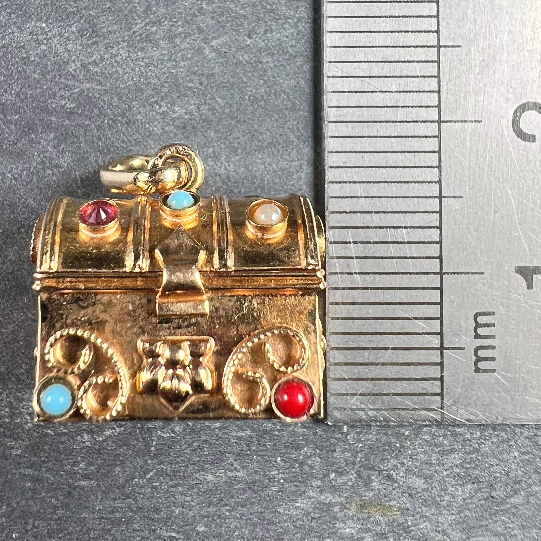 French Mechanical Treasure Chest 18K Yellow Gold Gem Set Charm Pendant For Sale 8
