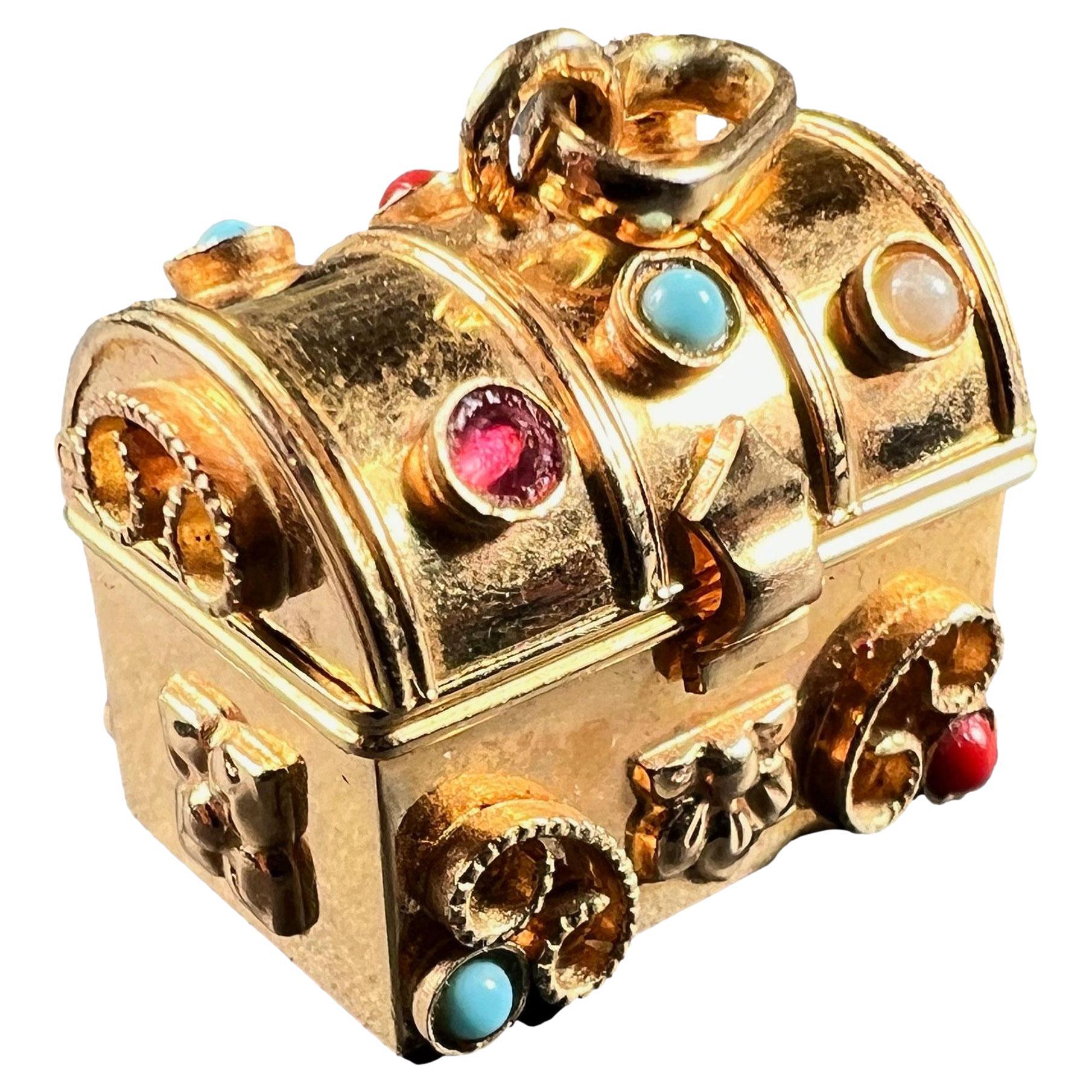 French Mechanical Treasure Chest 18K Yellow Gold Gem Set Charm Pendant For Sale