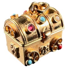 French Mechanical Treasure Chest 18K Yellow Gold Gem Set Charm Pendant