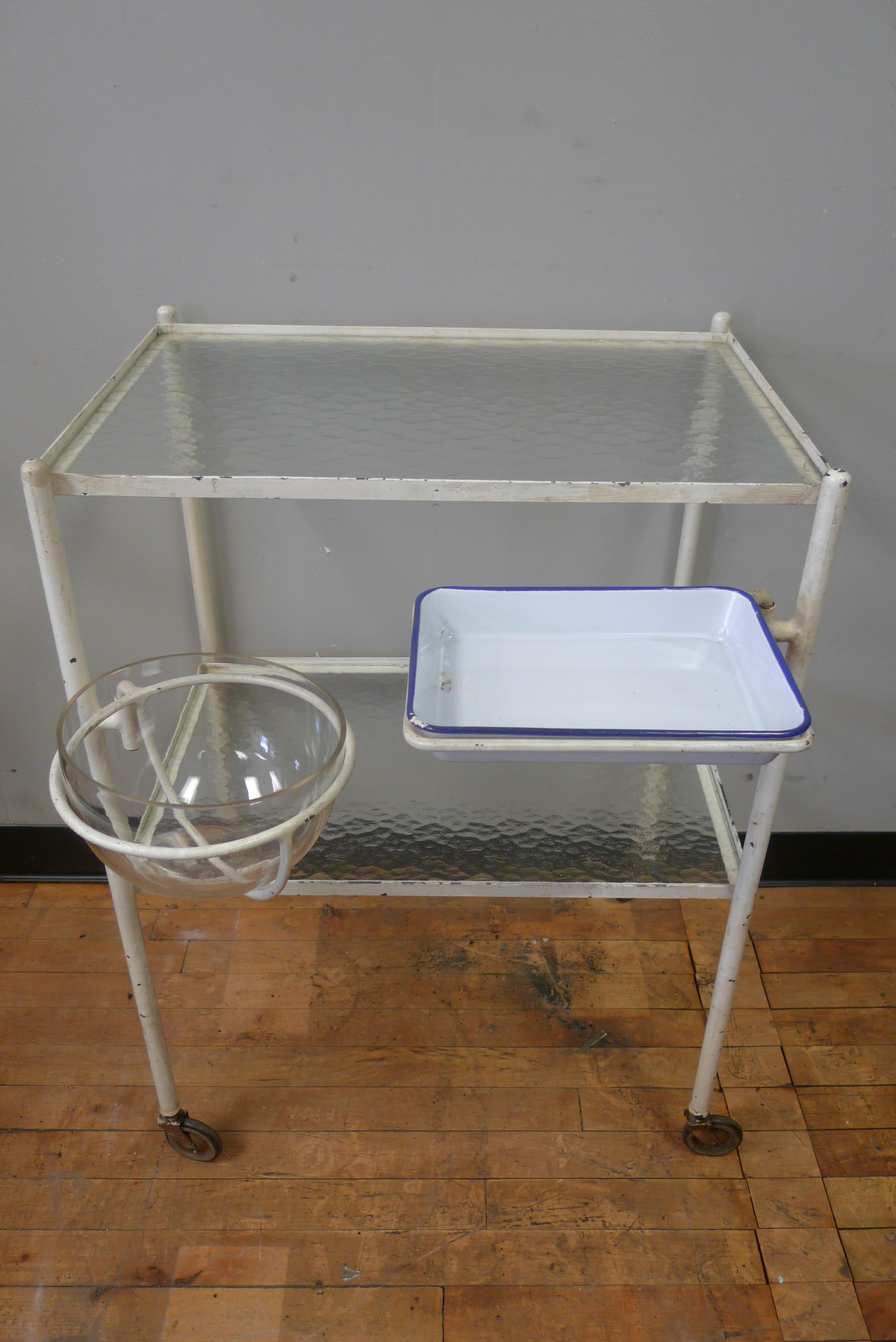 Industrial French Medical Cart on Wheels as Movable Bar Cart Ice Bowl and Accessories Tray