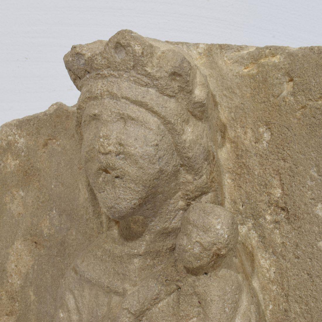French Medieval Carved Stone Panel Depicting A Madonna With Child For Sale 7
