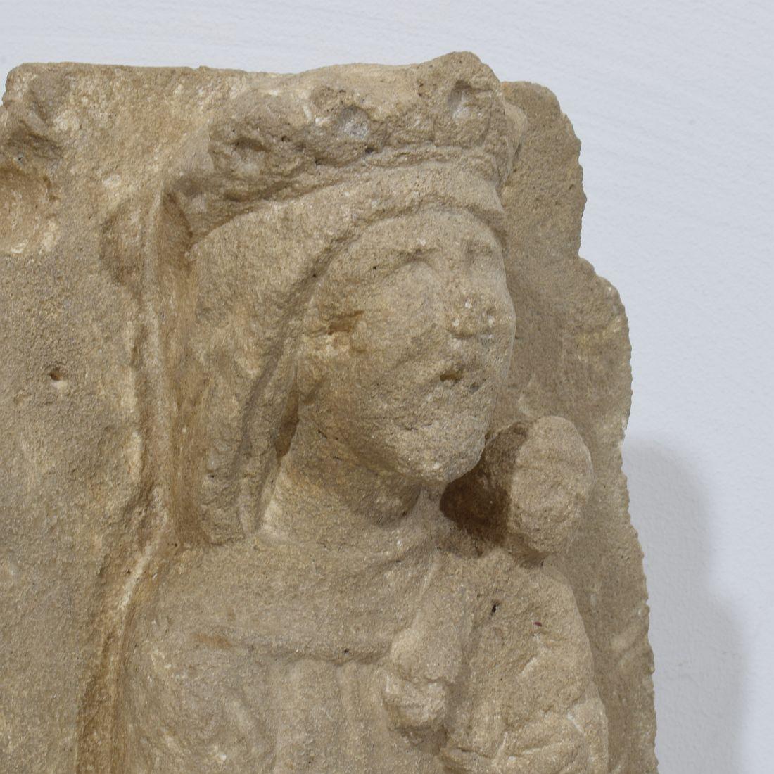 French Medieval Carved Stone Panel Depicting A Madonna With Child For Sale 8