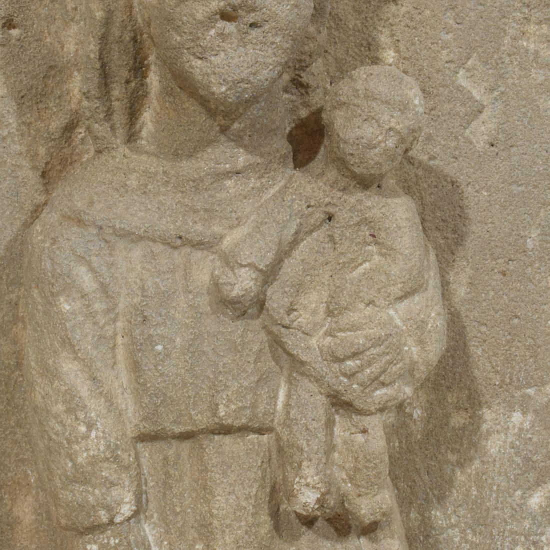 French Medieval Carved Stone Panel Depicting A Madonna With Child For Sale 13
