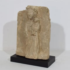French Medieval Carved Stone Panel Depicting A Madonna With Child