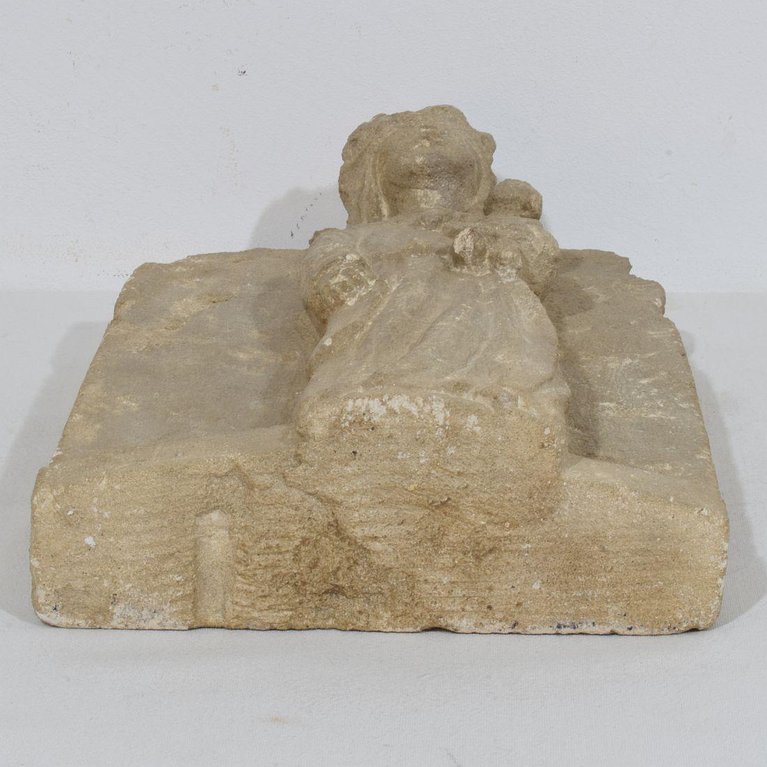 French Medieval Carved Stone Panel Depicting A Madonna With Child For Sale 15