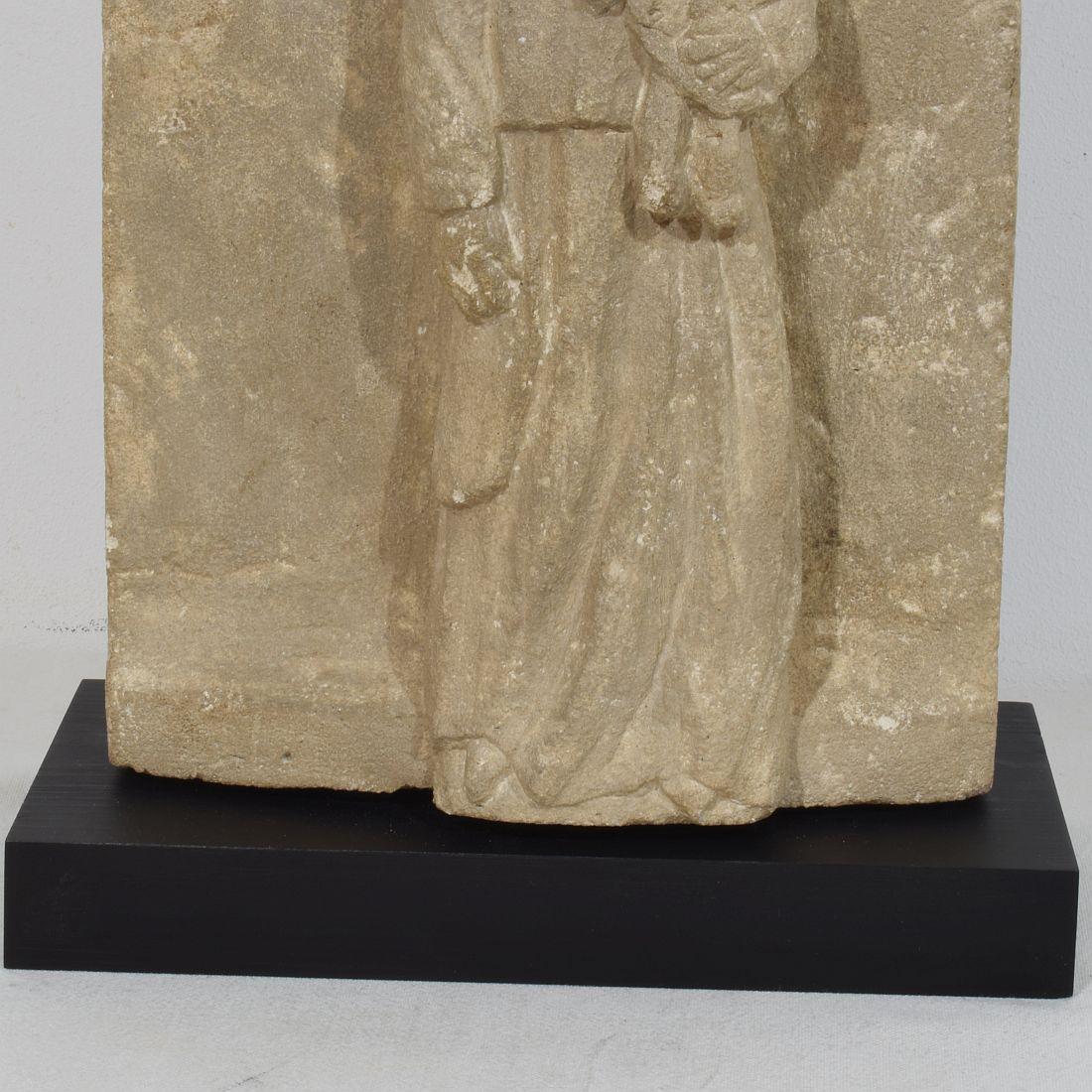 French Medieval Carved Stone Panel Depicting A Madonna With Child For Sale 3