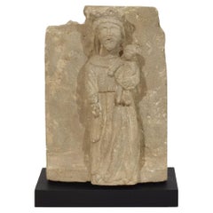 French Medieval Carved Stone Panel Depicting A Madonna With Child
