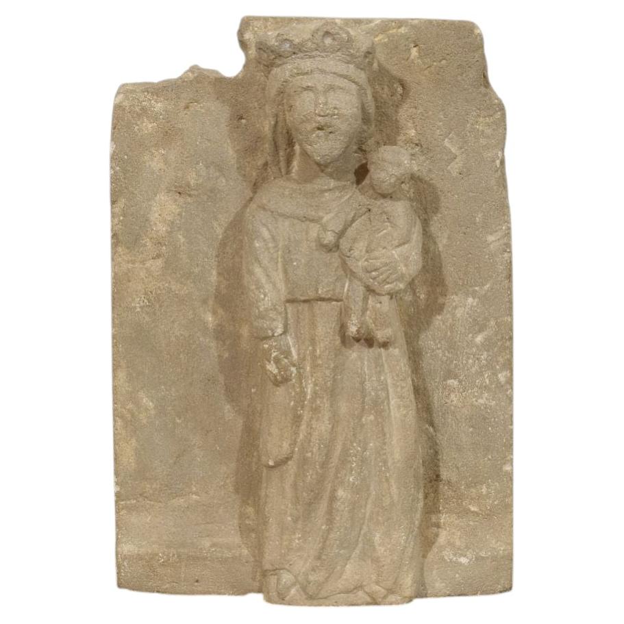 French Medieval Carved Stone Panel Depicting A Madonna With Child