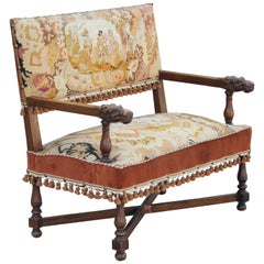 French Medieval Gothic Walnut Dragon Head and Tapestry Throne Chair