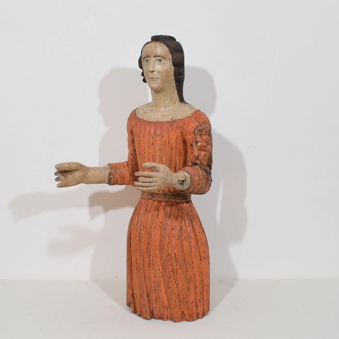 Unique and extremely rare medieval wooden Madonna with traces of her original color
Original period piece, South of France, circa 1500 or older
Weathered, small losses and old repairs.
More photo’s available on request.