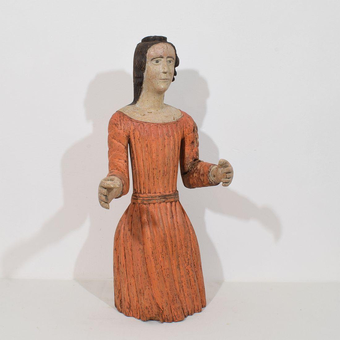 Hand-Carved French Medieval Painted Wooden Madonna For Sale