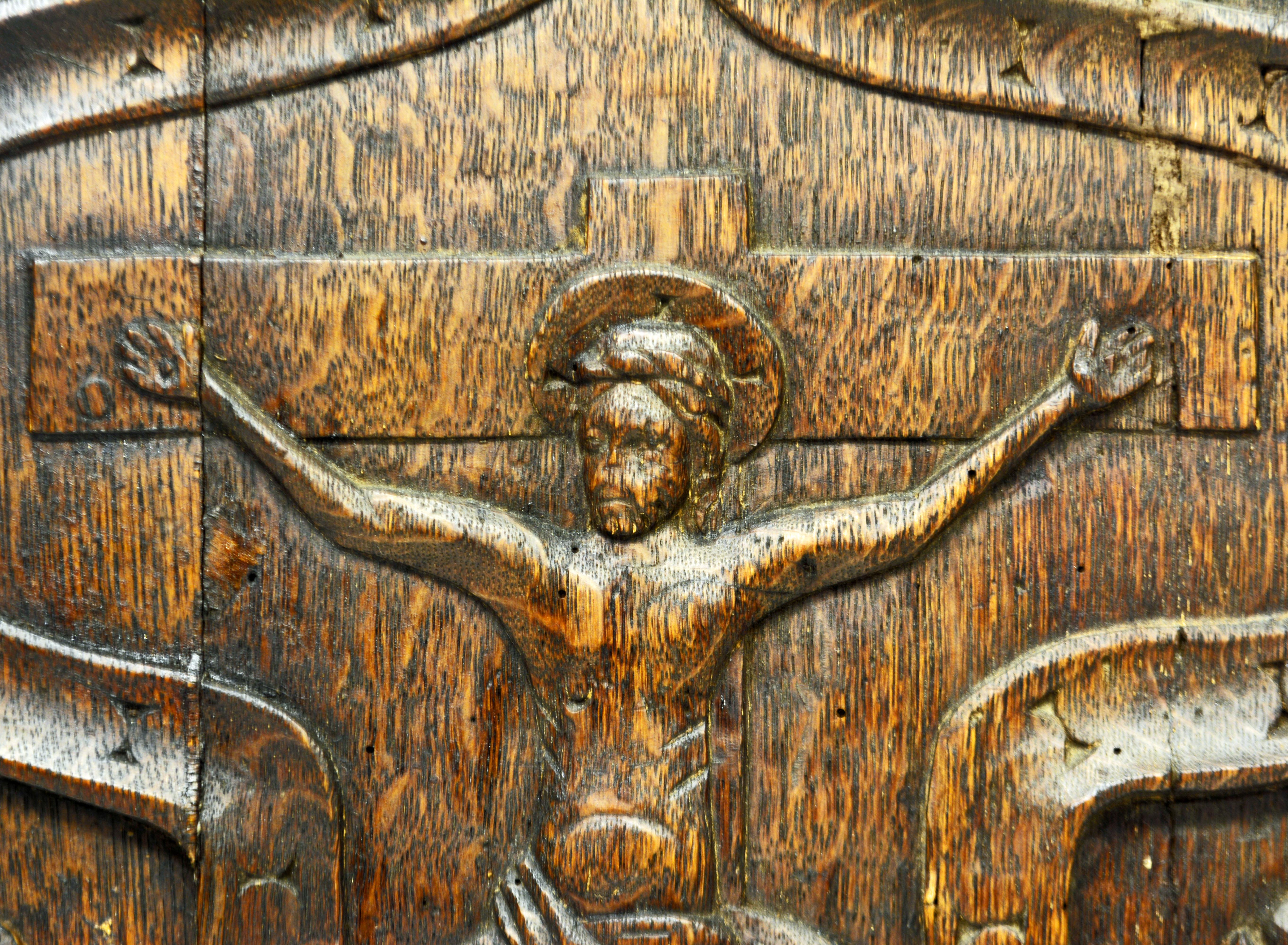 Hand-Carved French Medieval Relief Carved Oakwood Panel Depicting the Crucified Christ