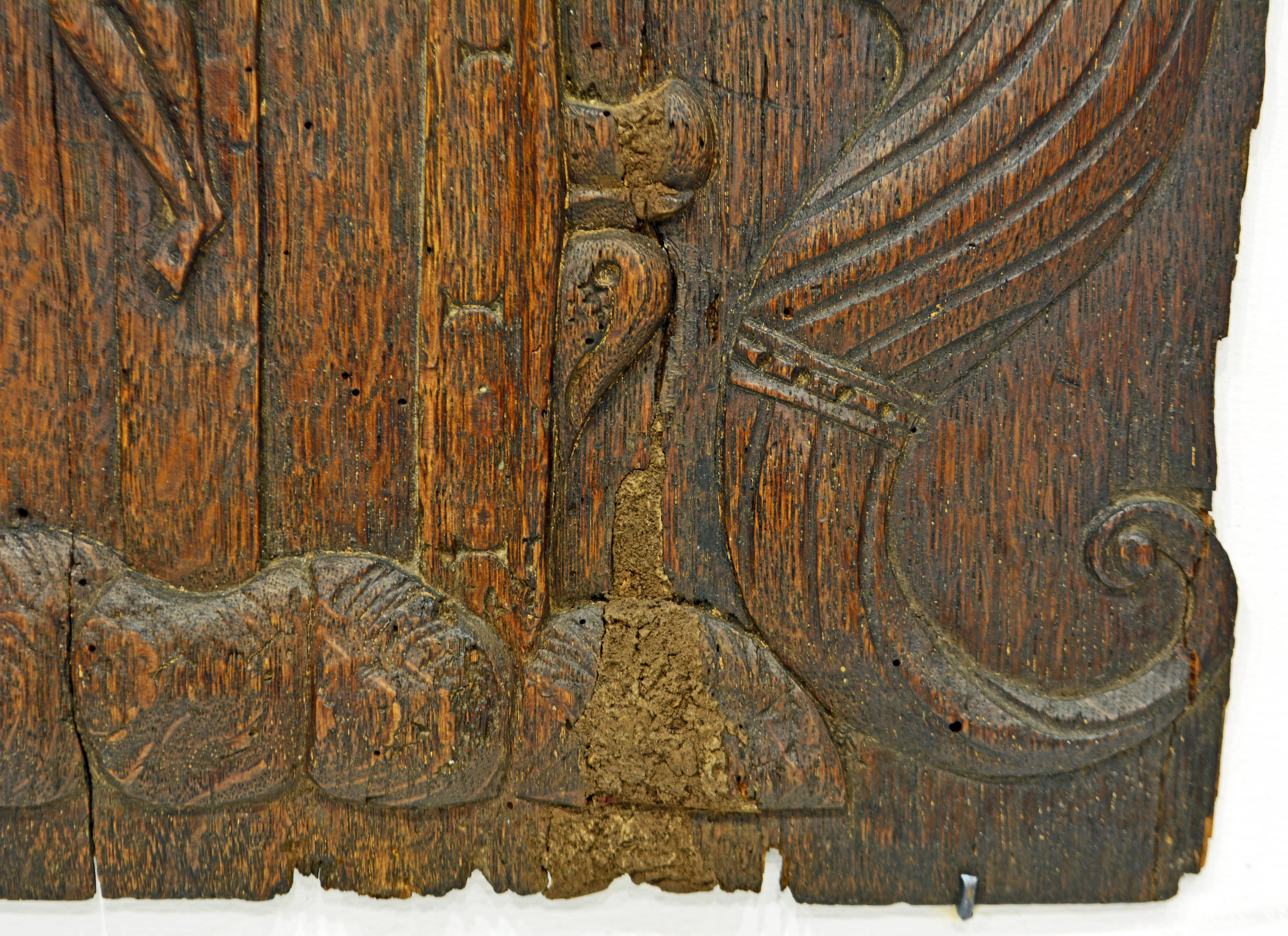 18th Century and Earlier French Medieval Relief Carved Oakwood Panel Depicting the Crucified Christ