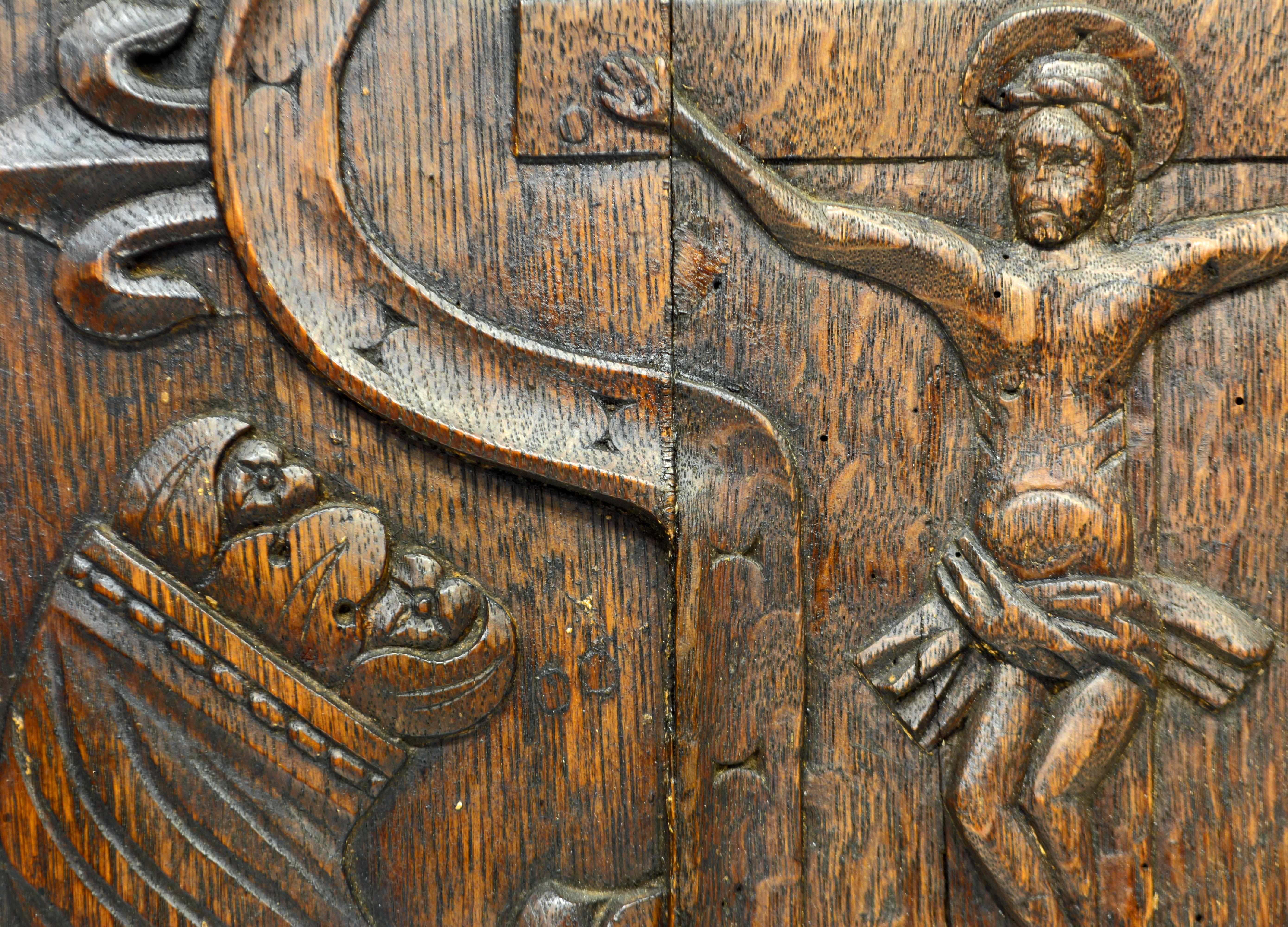 Wood French Medieval Relief Carved Oakwood Panel Depicting the Crucified Christ