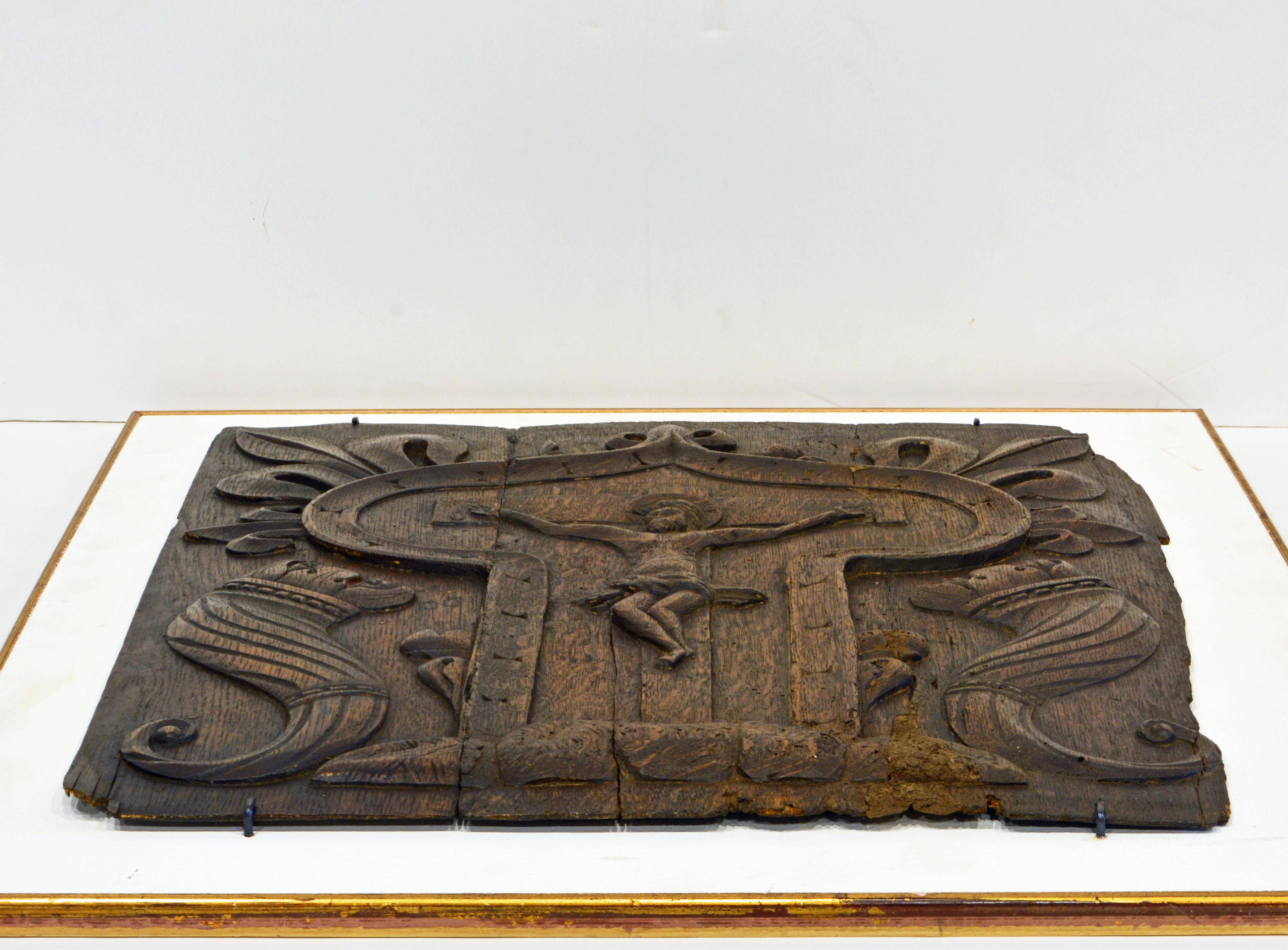 French Medieval Relief Carved Oakwood Panel Depicting the Crucified Christ 2