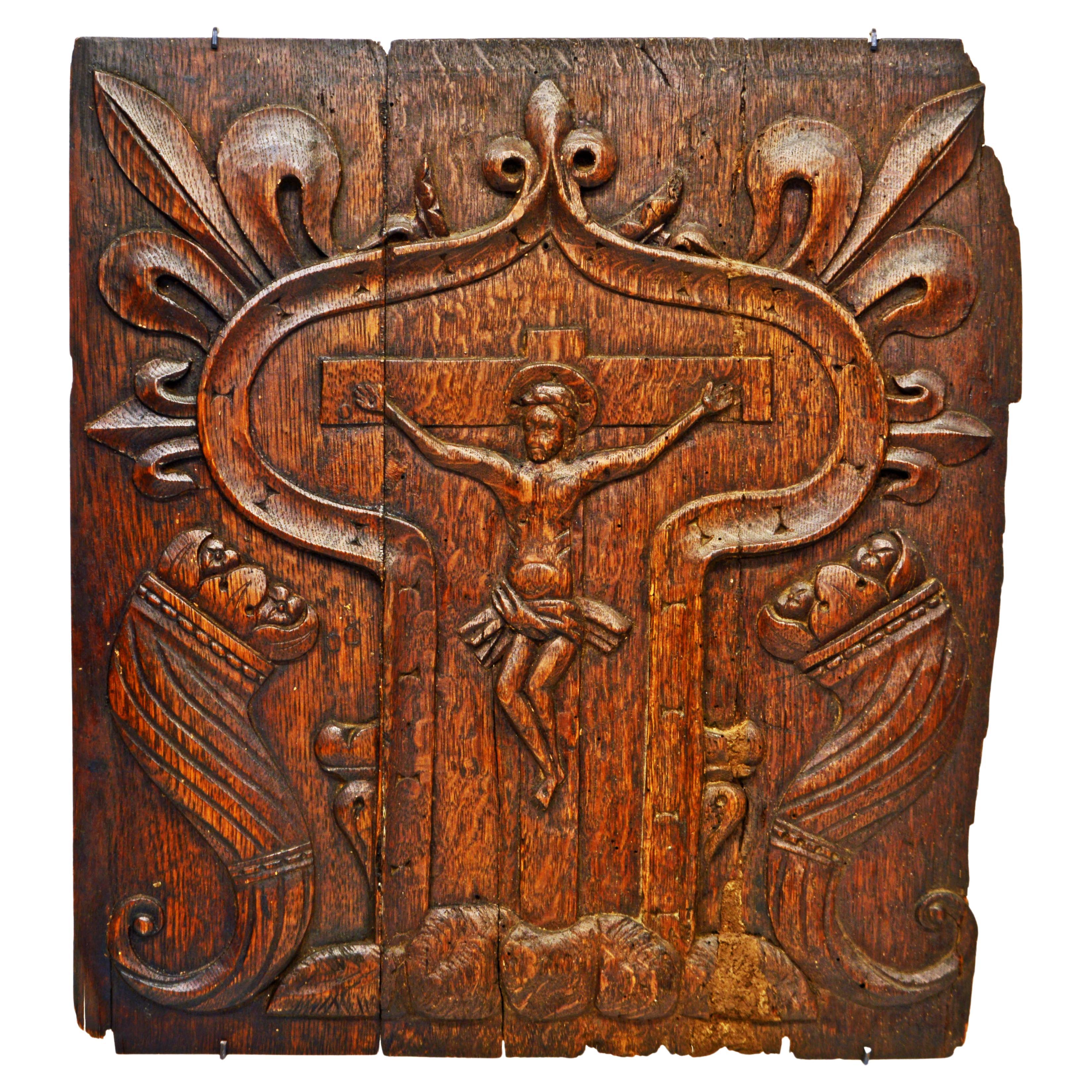 French Medieval Relief Carved Oakwood Panel Depicting the Crucified Christ
