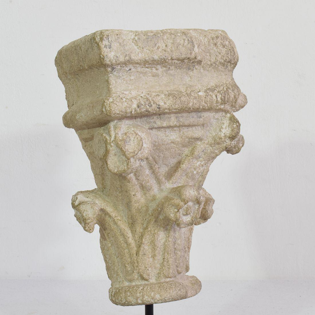French Medieval Romanesque Carved Stone Capital Fragment 3