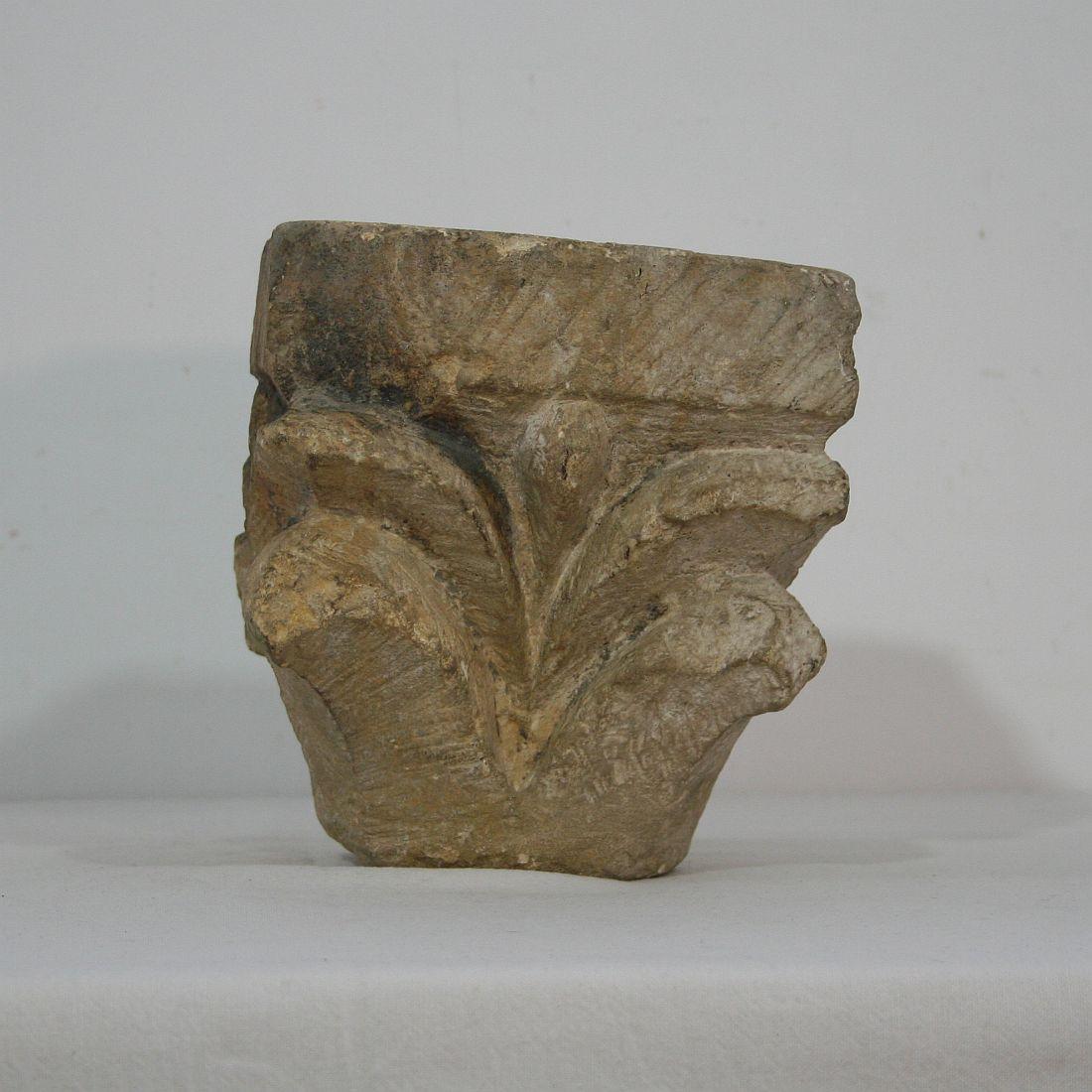 Rare and beautiful small medieval treasure. Hand carved Romanesque limestone capital, France, circa 1250-1400. Weathered, small losses.