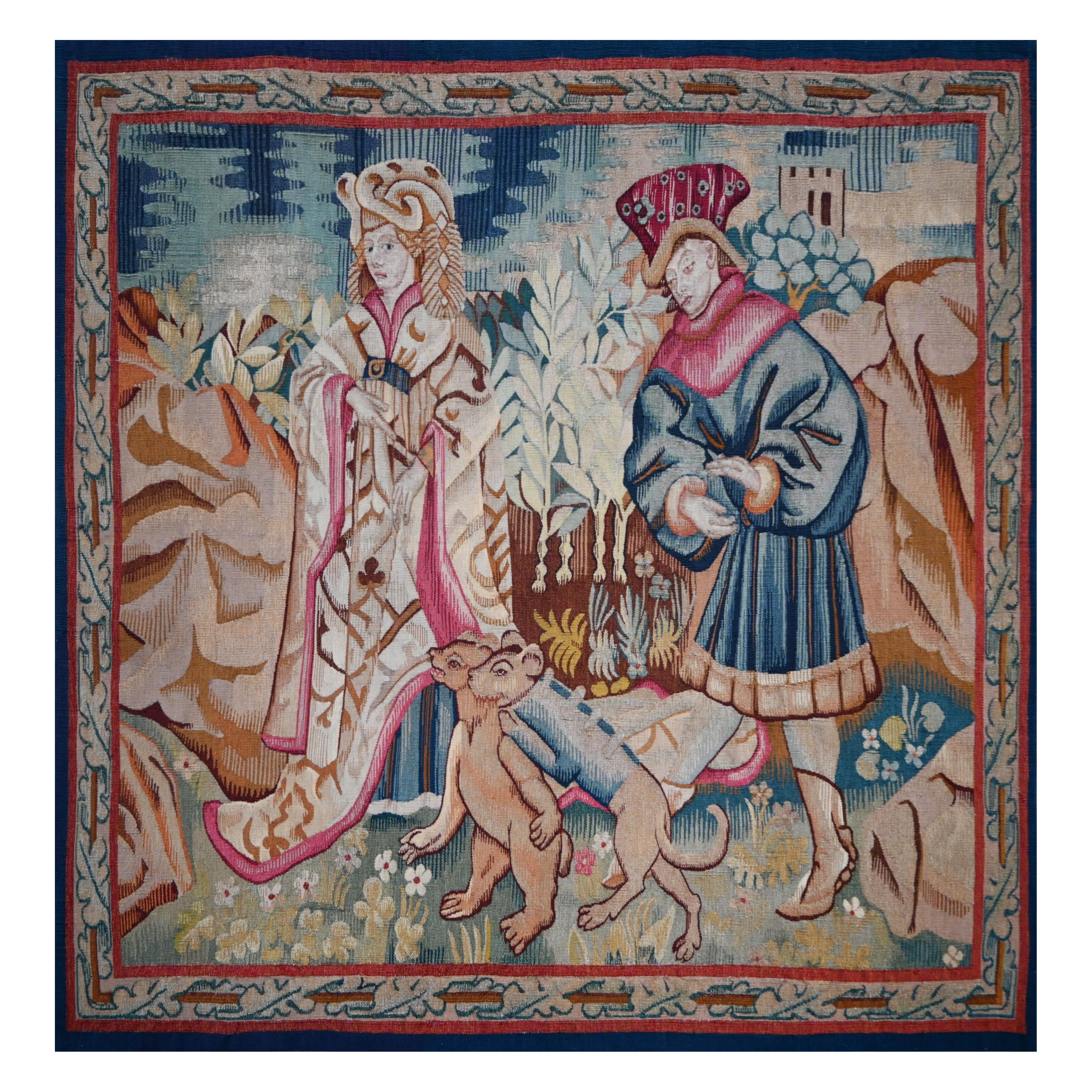 Französischer mittelalterlicher Wandteppich, Aubusson 19. - Ausbildung eines Hundes zur Bärenjagd - N° 1624 im Angebot