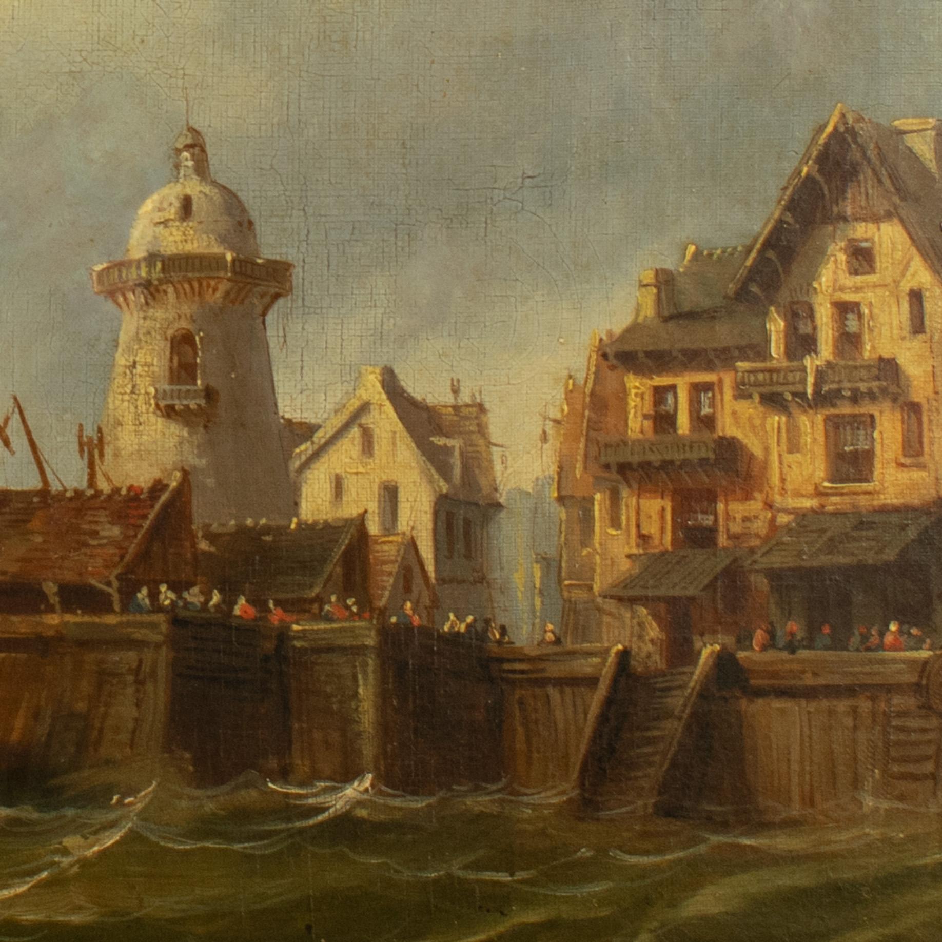 Porto mediterraneo francese, inizio XIX secolo, olio su tela.

Dimensioni della tela: 49 x 65 cm.
Dimensioni della cornice: 63 x 79 cm.

Una scena molto suggestiva di un porto di pesca francese, che raffigura il vecchio porto, il faro e gli edifici