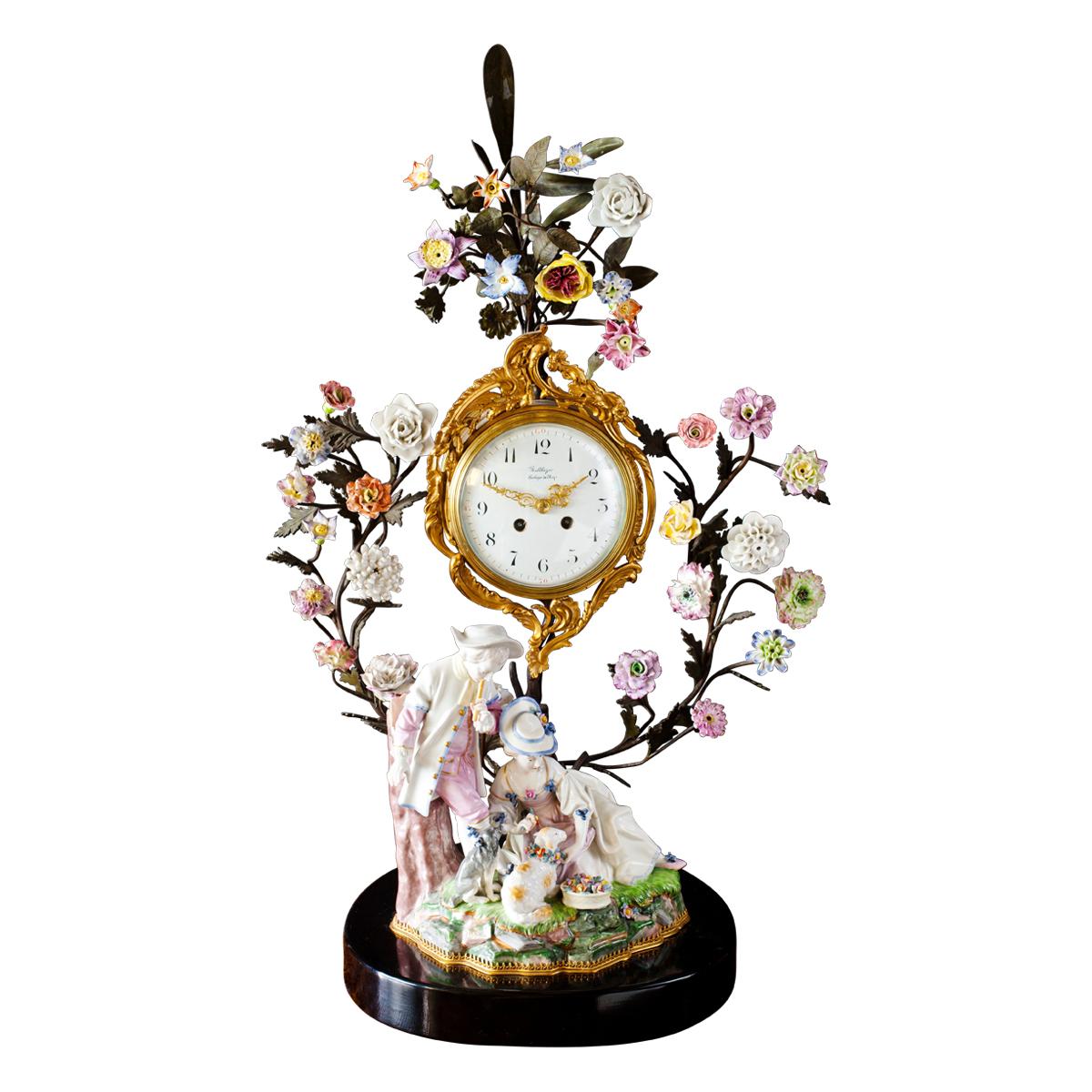 French Meissen Porcelain Mantel Clock by Baltazar