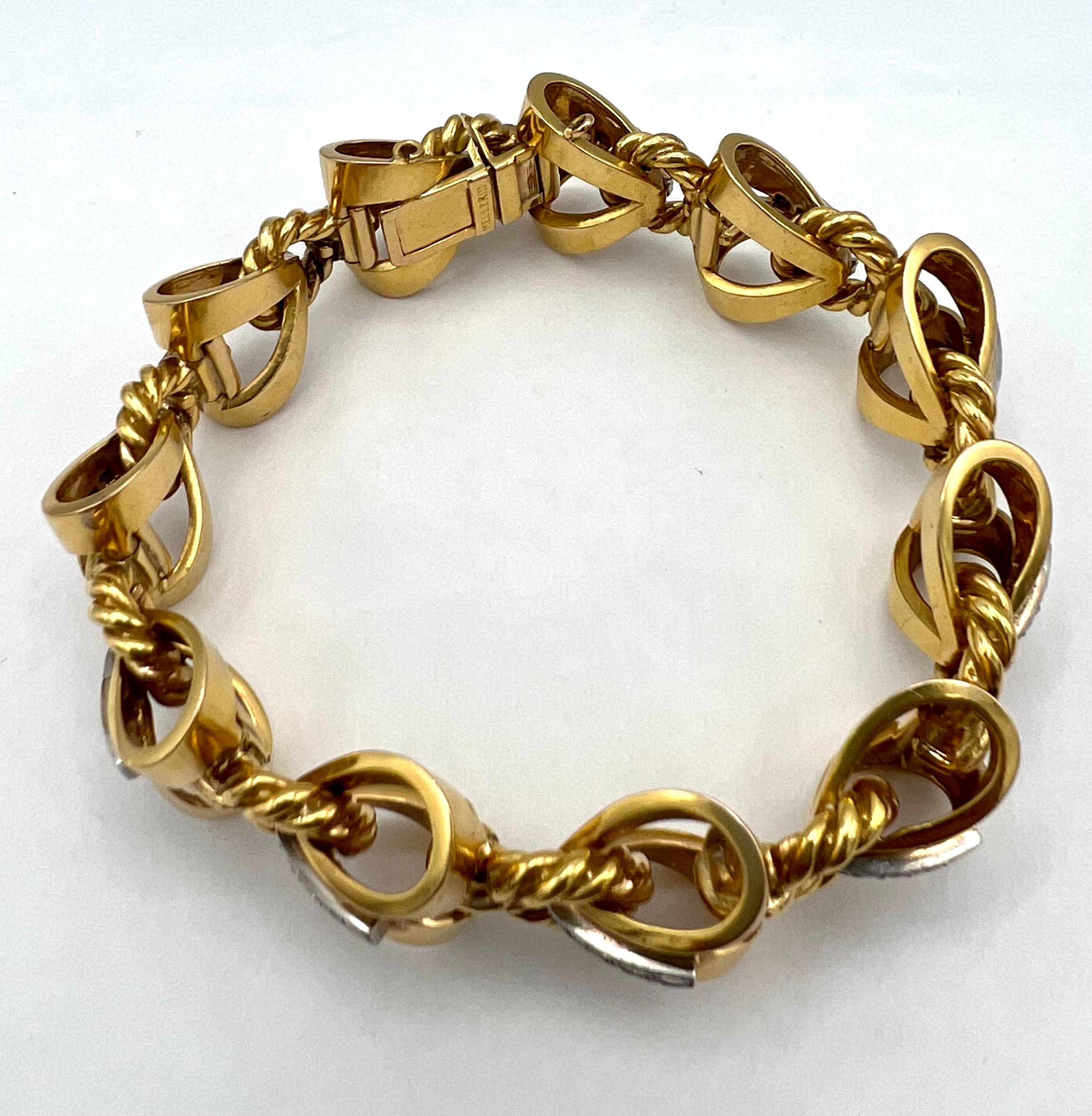 Women's or Men's French Mellerio dis Meller Yellow Gold and Dimond Link Bracelet, Circa 1950’s For Sale