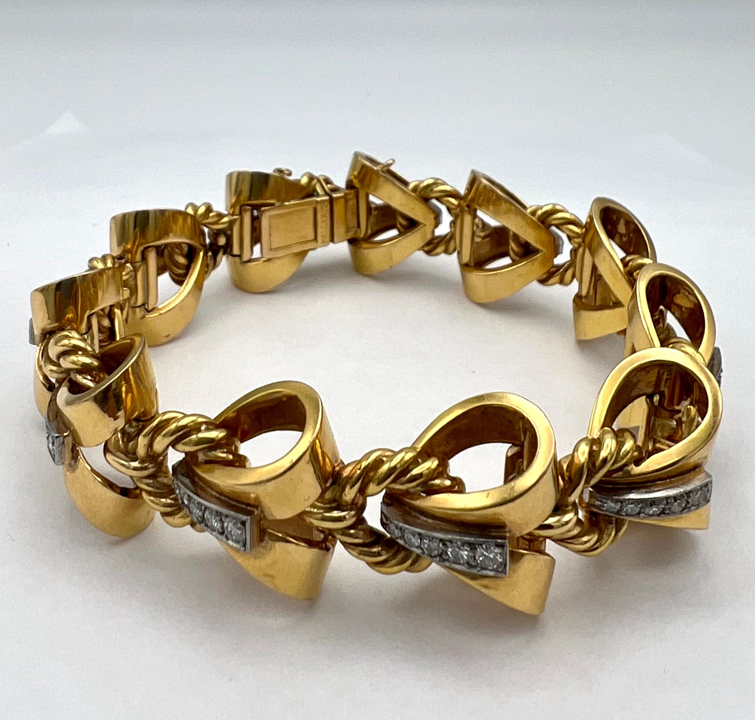 French Mellerio dis Meller Yellow Gold and Dimond Link Bracelet, Circa 1950’s For Sale 1