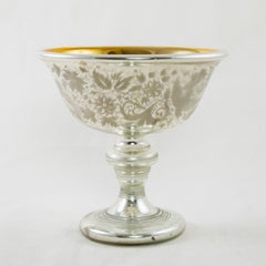 French Mercury Glass Footed Compote or Bowl with Etched Design, circa 1900