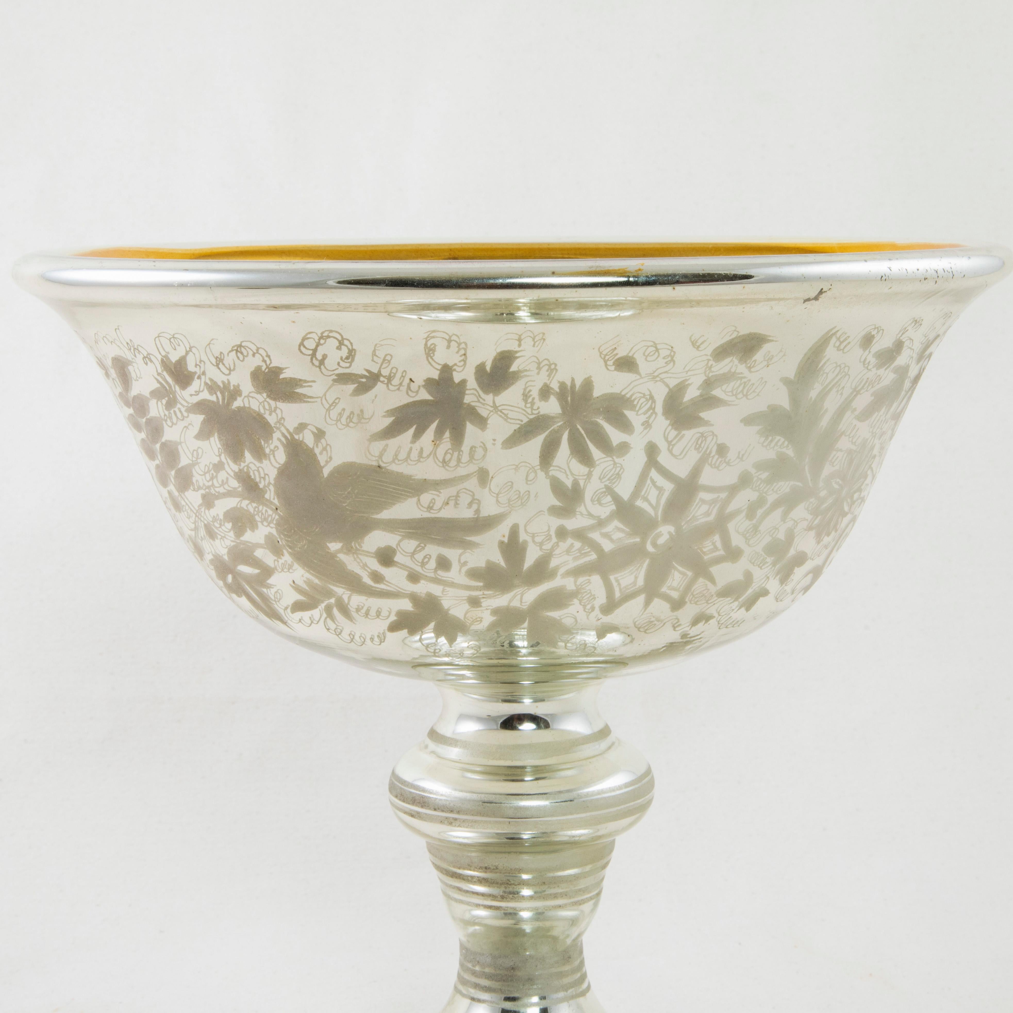 French Mercury Glass Footed Compote or Bowl with Etched Design, circa 1900 1