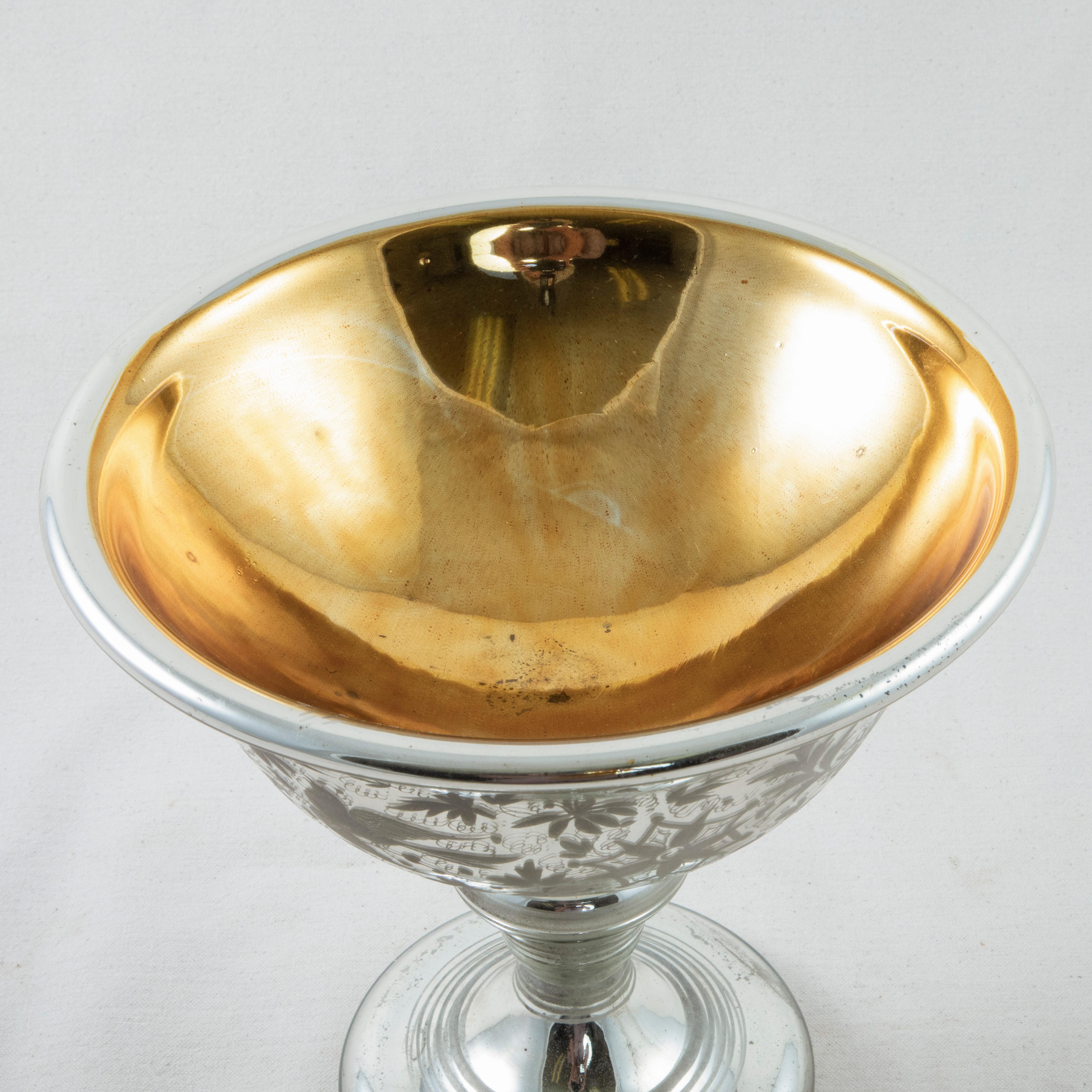 French Mercury Glass Footed Compote or Bowl with Etched Design, circa 1900 2