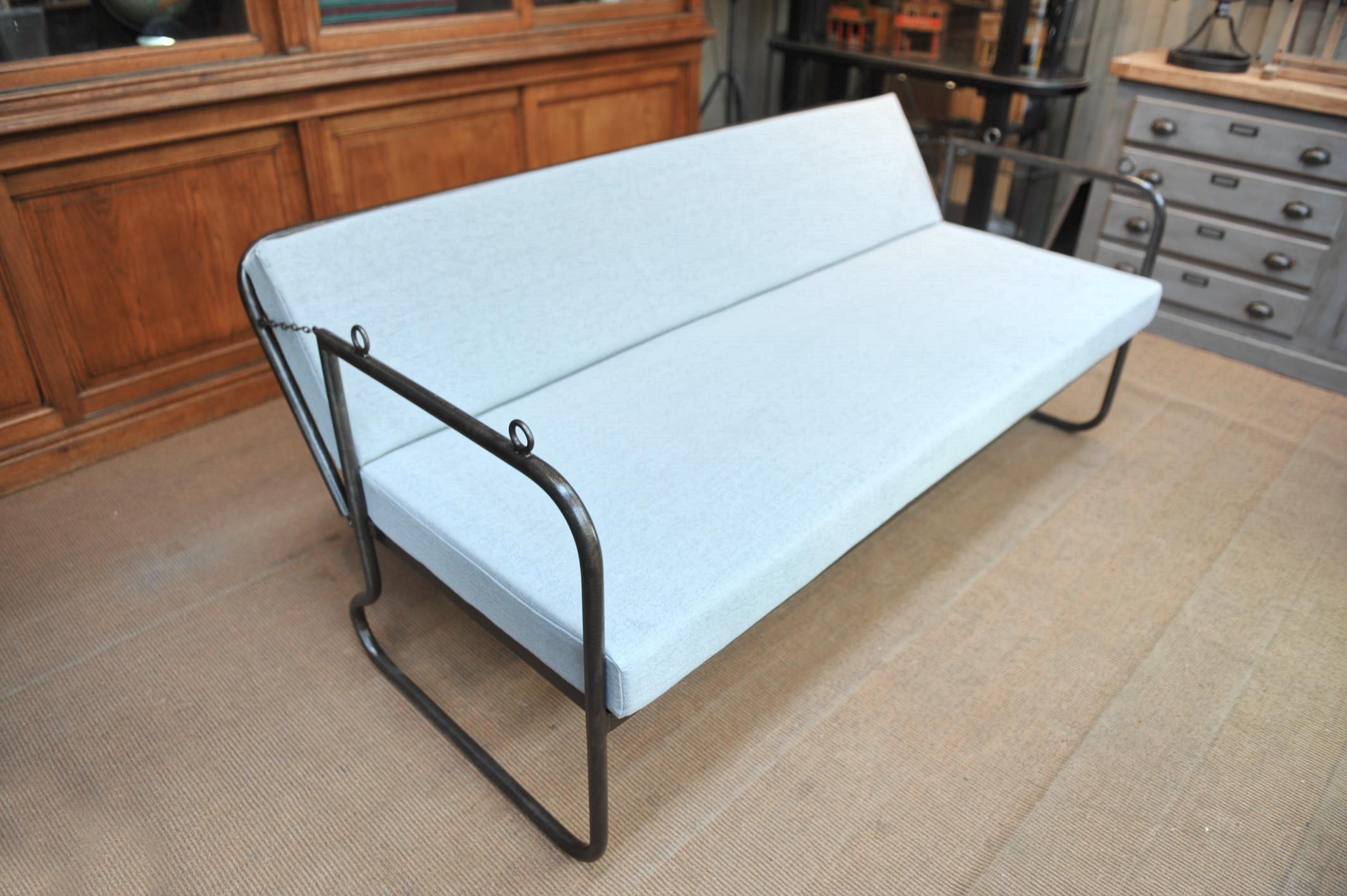 French Mesh Iron Sofa or Daybed , Double Folding System, 1920s, Reupholstered 1