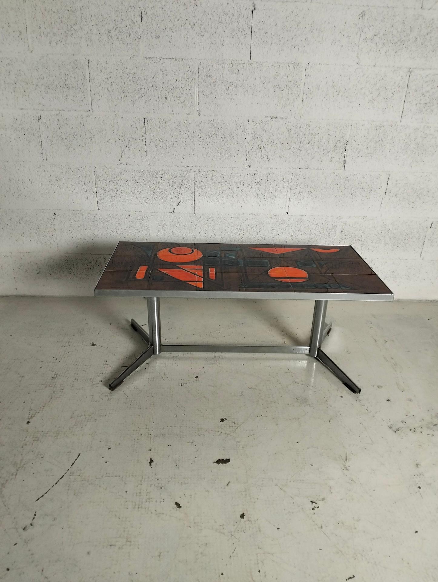 Französischer niedriger Tisch aus Metall und Keramik Vallauris, La Grange, 60er Jahre im Angebot 5