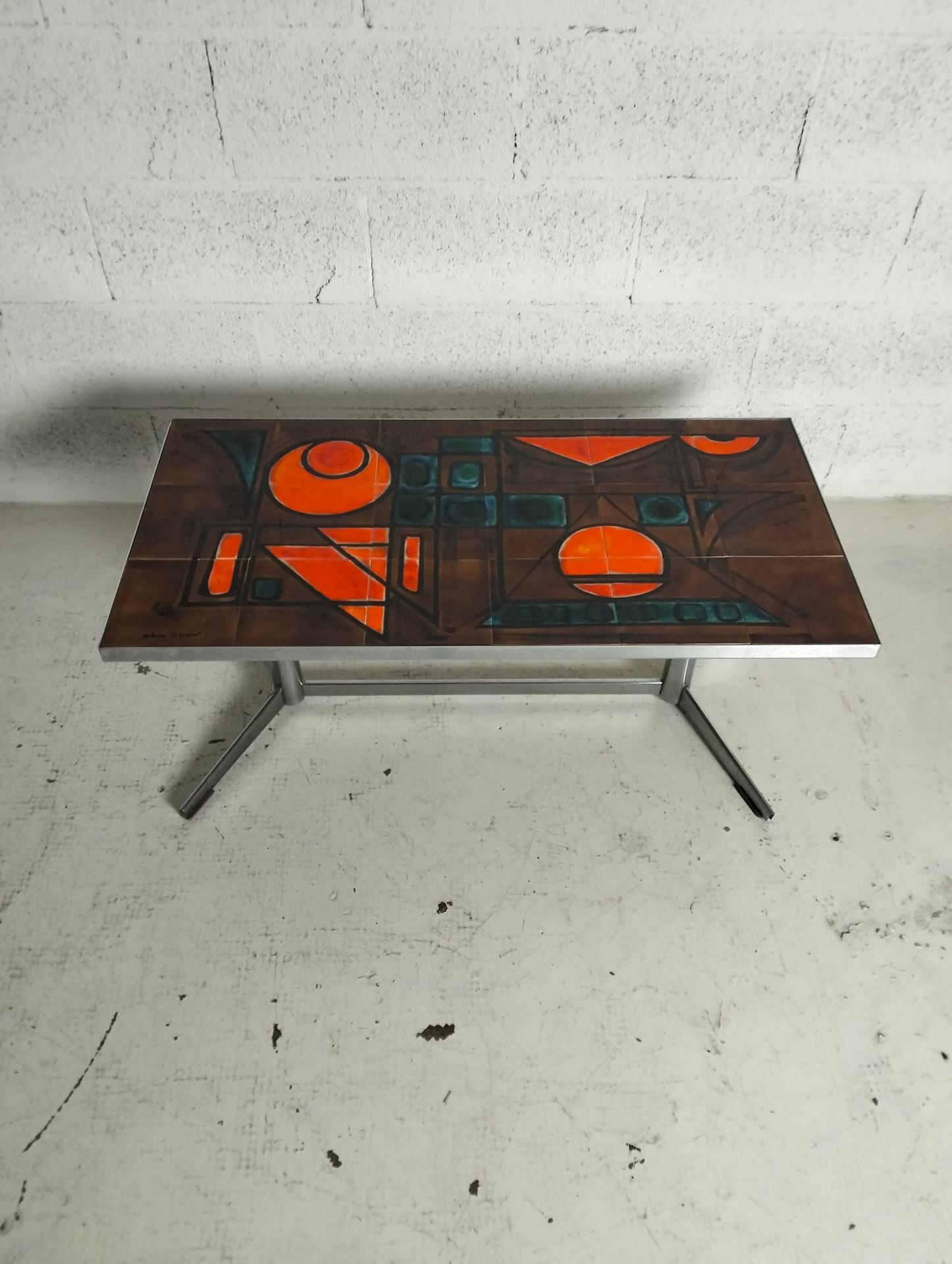 Französischer niedriger Tisch aus Metall und Keramik Vallauris, La Grange, 60er Jahre im Angebot 2