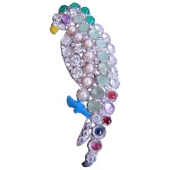 French Metal and Rhinestone Parrot Brooch