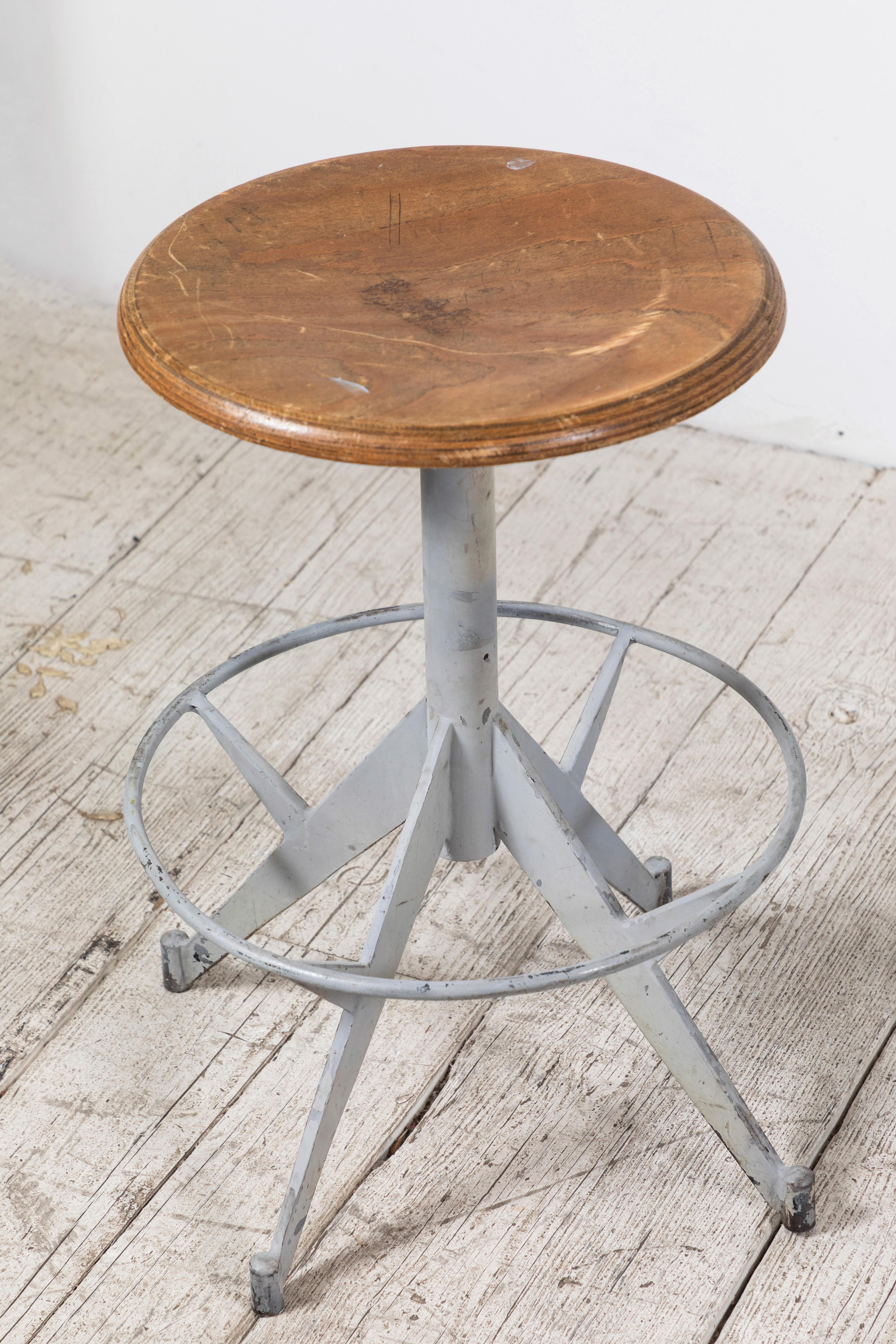 Mid-20th Century French Metal and Wood Industrial Swivel Stool