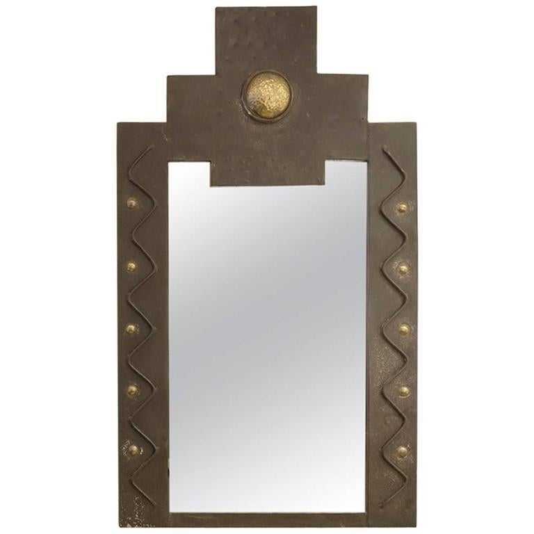 French Metal Brutalist Wall Mirror with Gilt Detail In Excellent Condition In Aspen, CO