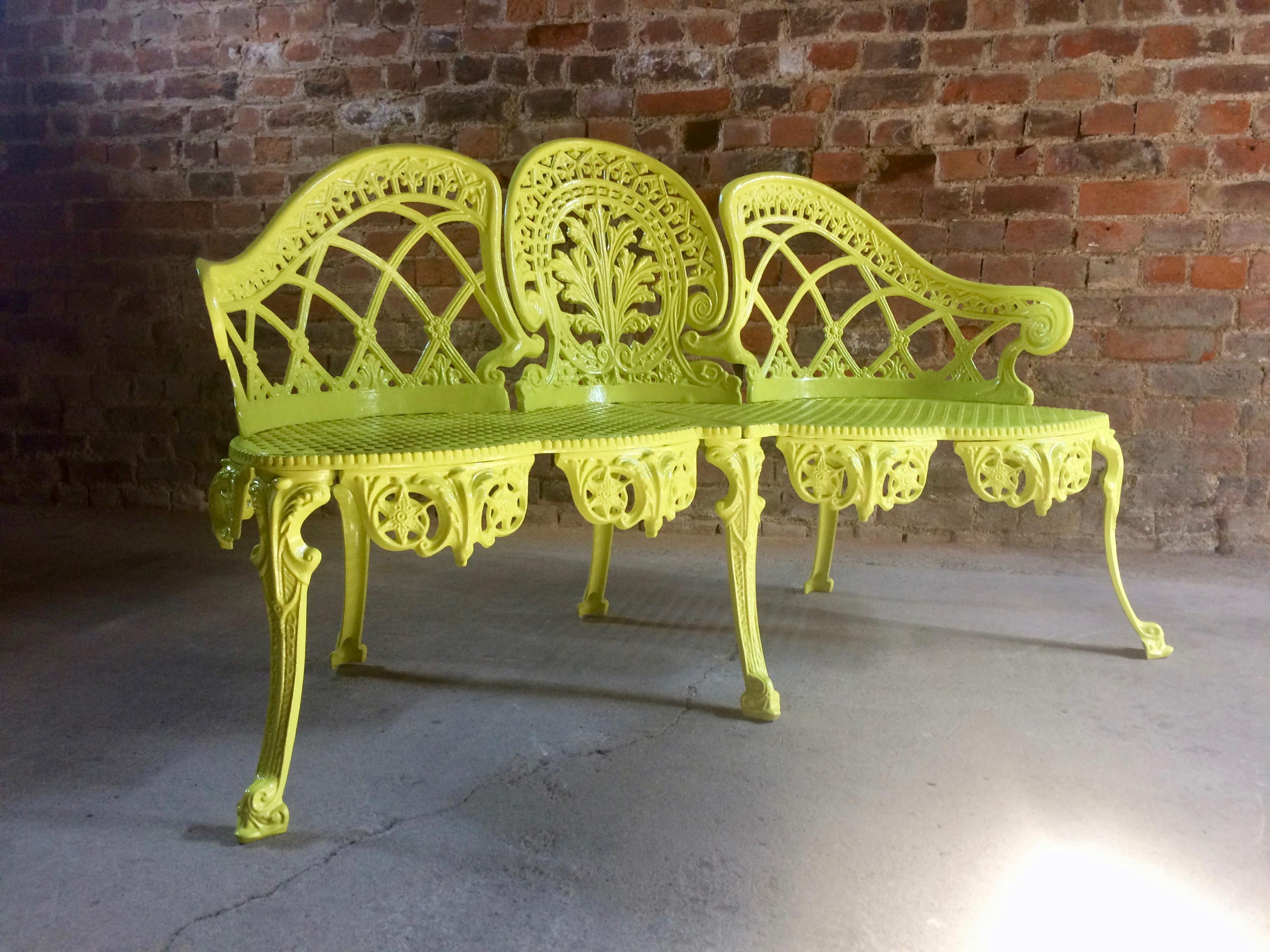 A fabulous original vintage French cast iron garden bench in the Victorian manner circa 1960s, finished in Yellow having been newly shot blasted and powder coated, looks stunning.

French
Victorian style
Metal
Garden bench
1060s
Newly powder