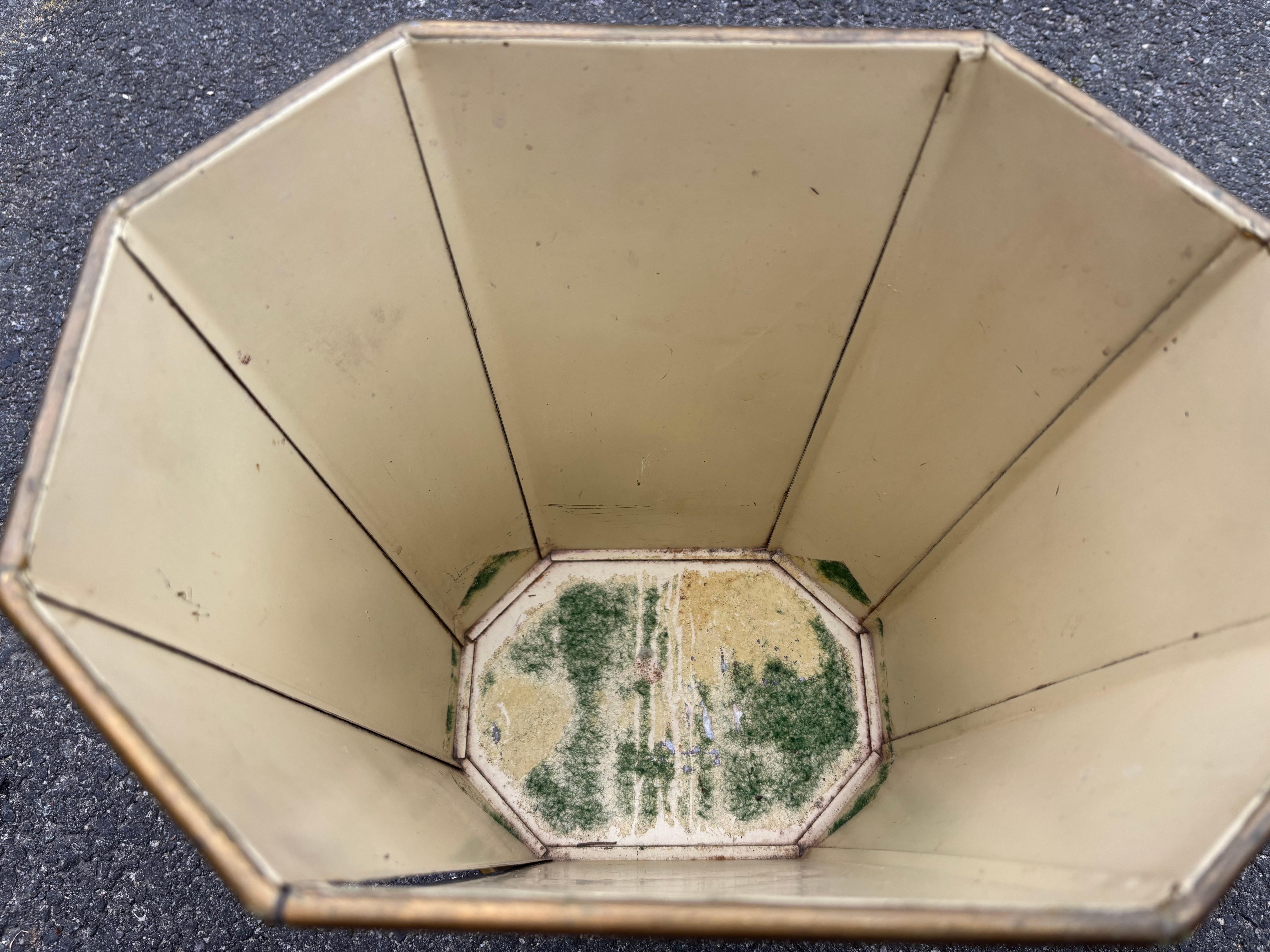 Painted Metal French Hand-Painted Trash Can.  Very nice quality and design.  Presents very well with normal signs of use and wear.